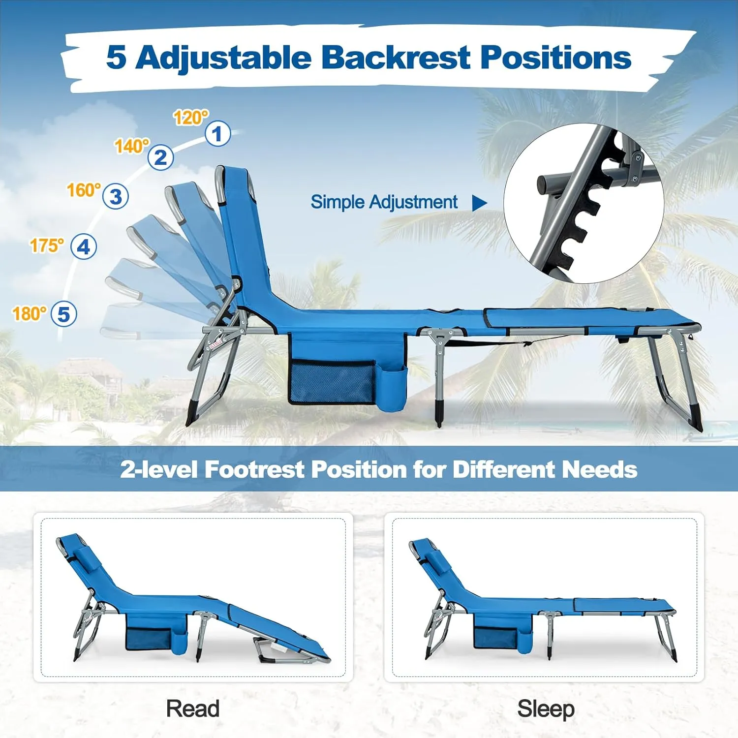 Tangkula Beach Lounge Chair, Outdoor Folding Tanning Chair with Face/Arm Hole, 2 Carry Handle, Pillow, Adjustable Backrest, 400 LBS Face Down Sunbathing Chair for Outside Beach Poolside (1, Blue)