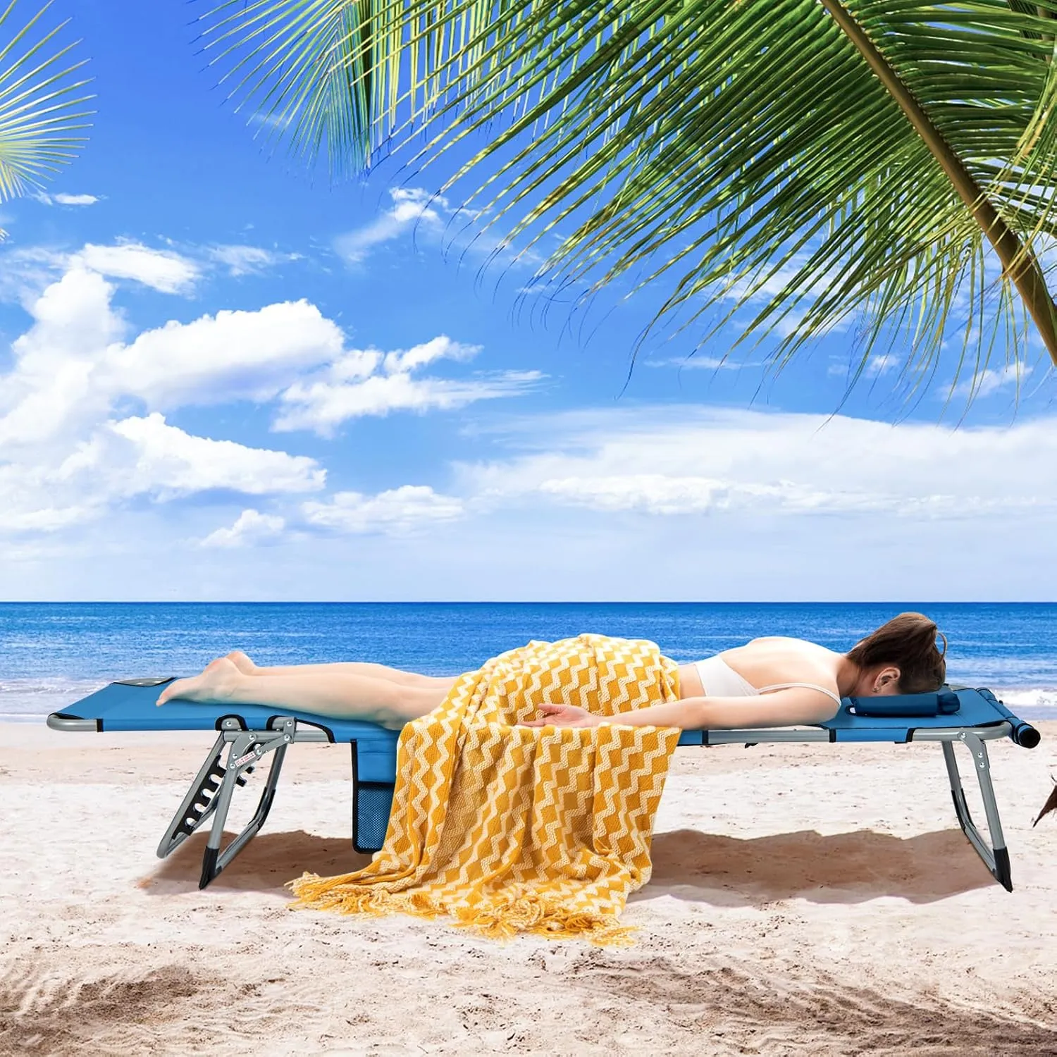Tangkula Beach Lounge Chair, Outdoor Folding Tanning Chair with Face/Arm Hole, 2 Carry Handle, Pillow, Adjustable Backrest, 400 LBS Face Down Sunbathing Chair for Outside Beach Poolside (1, Blue)
