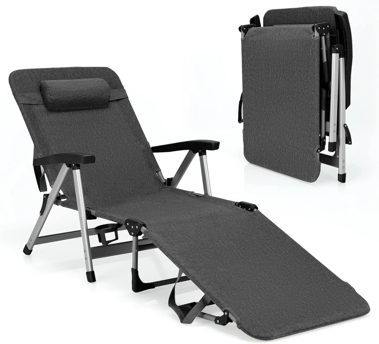 Tangkula Folding Chaise Lounge Chair, Adjustable 7-Position Recliner with Removable Headrest and Cup Holder, Holds 330LBS Weight Capacity, Portable Tri-fold Patio Lounger for Sunbathing (1, Grey)
