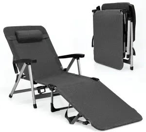 Tangkula Folding Chaise Lounge Chair, Adjustable 7-Position Recliner with Removable Headrest and Cup Holder, Holds 330LBS Weight Capacity, Portable Tri-fold Patio Lounger for Sunbathing (1, Grey)