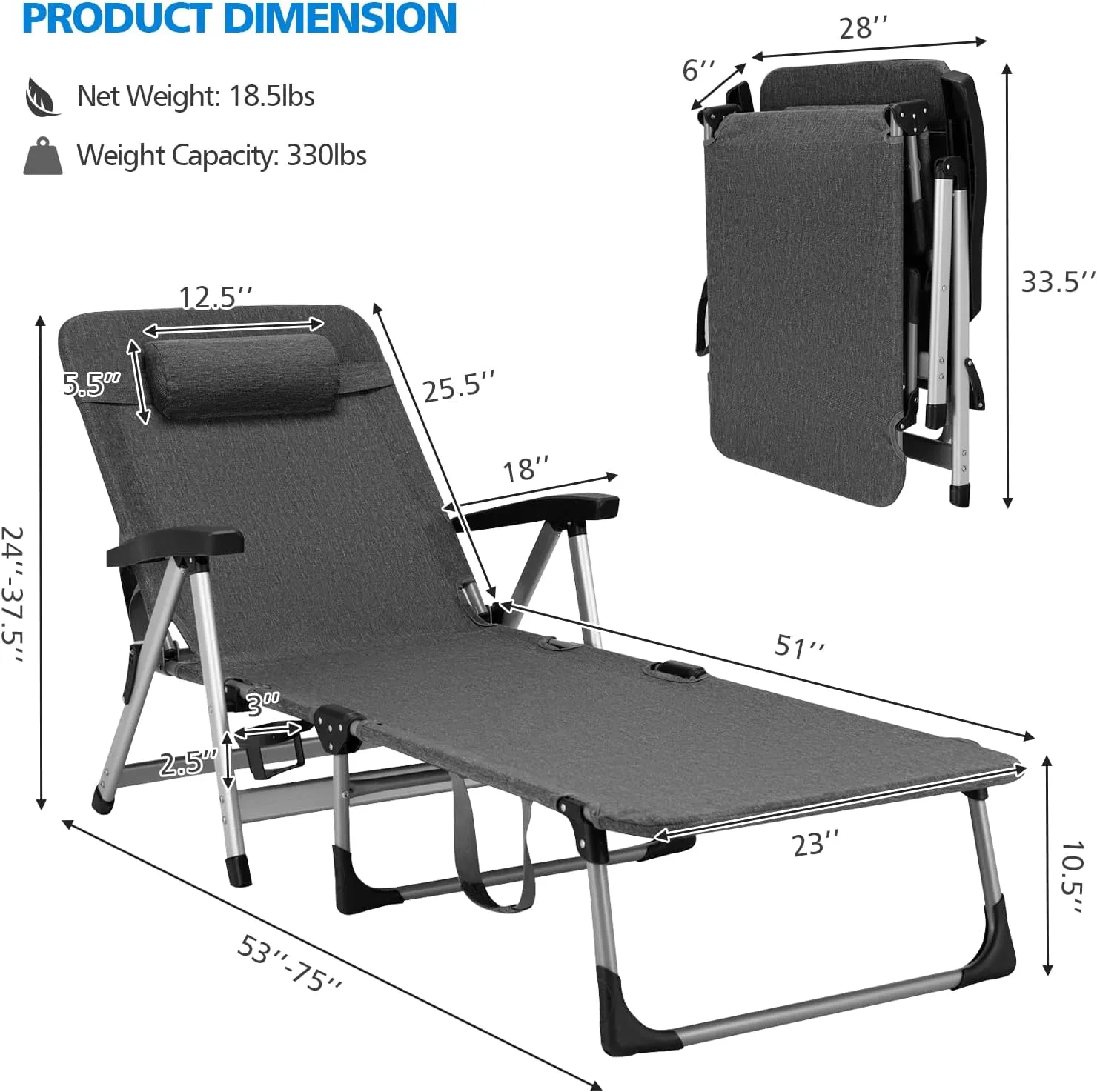 Tangkula Folding Chaise Lounge Chair, Adjustable 7-Position Recliner with Removable Headrest and Cup Holder, Holds 330LBS Weight Capacity, Portable Tri-fold Patio Lounger for Sunbathing (1, Grey)