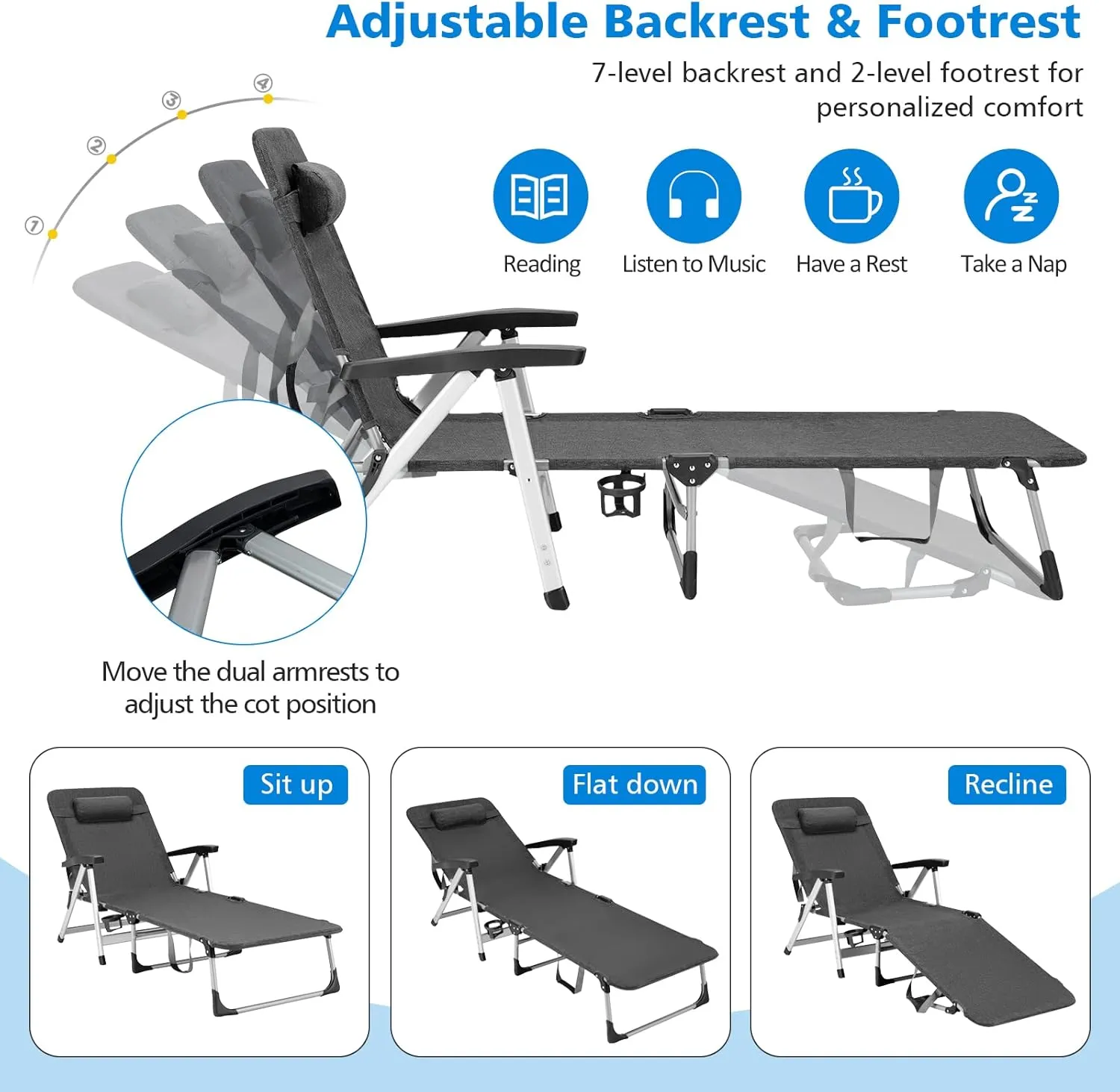 Tangkula Folding Chaise Lounge Chair, Adjustable 7-Position Recliner with Removable Headrest and Cup Holder, Holds 330LBS Weight Capacity, Portable Tri-fold Patio Lounger for Sunbathing (1, Grey)