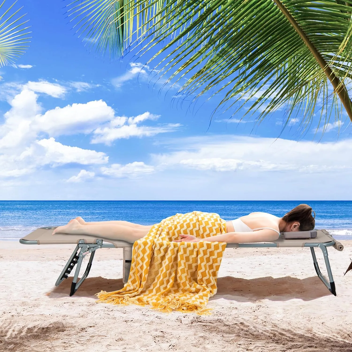Tangkula Tanning Chair, Outdoor Folding Beach Lounge Chair with Face/Arm Hole, 2 Carry Handle, Pillow, Adjustable Backrest, 400 LBS Face Down Sunbathing Chair for Outside Beach Poolside