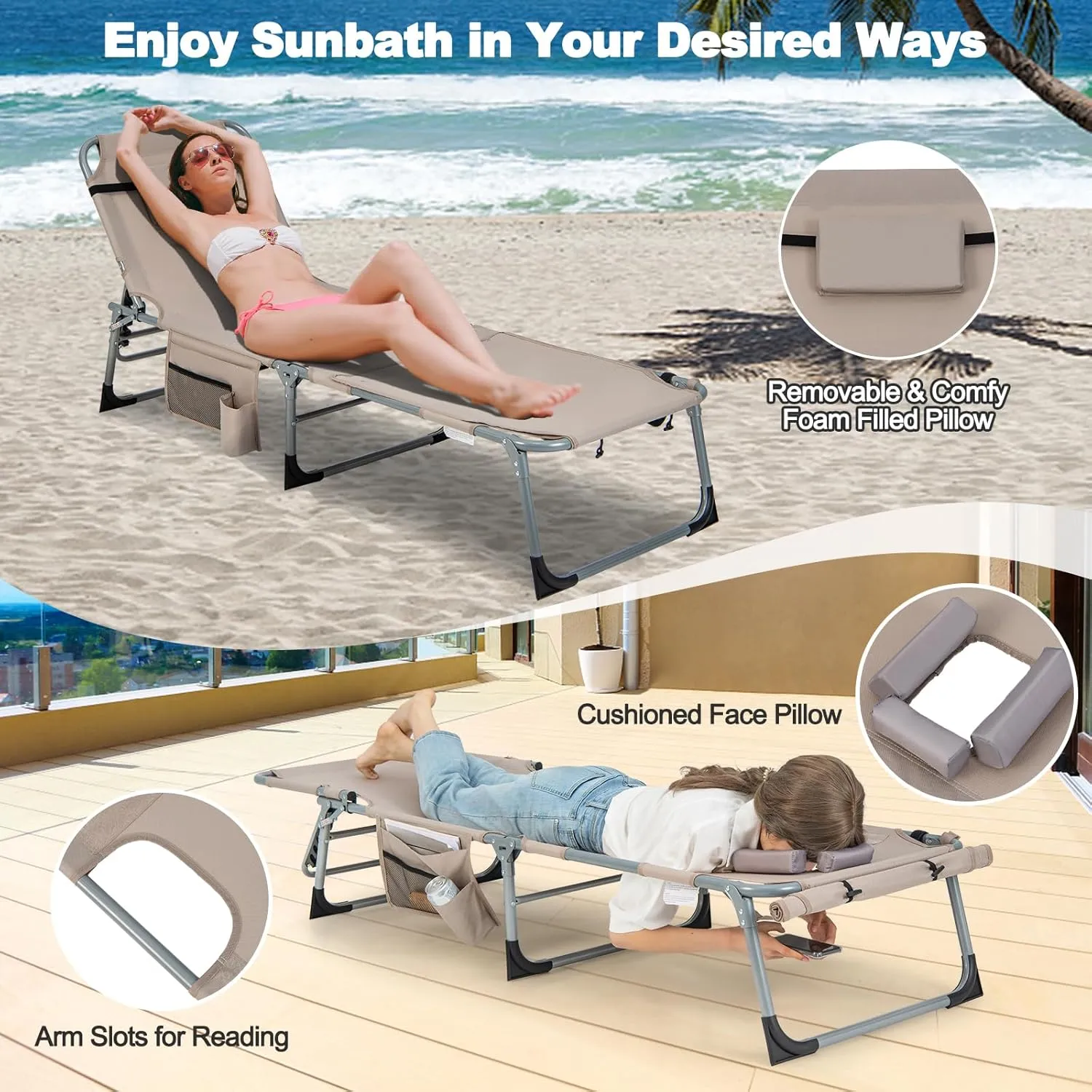 Tangkula Tanning Chair, Outdoor Folding Beach Lounge Chair with Face/Arm Hole, 2 Carry Handle, Pillow, Adjustable Backrest, 400 LBS Face Down Sunbathing Chair for Outside Beach Poolside