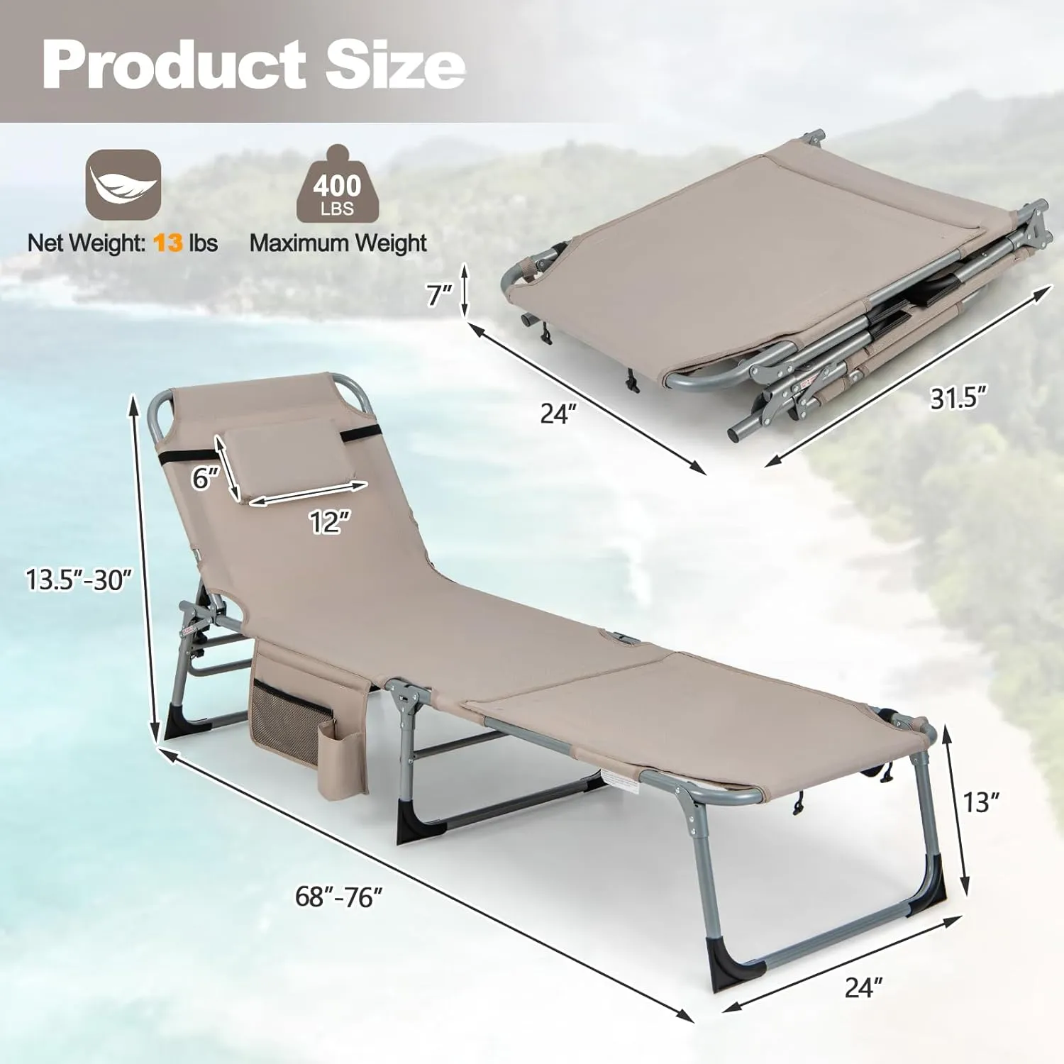 Tangkula Tanning Chair, Outdoor Folding Beach Lounge Chair with Face/Arm Hole, 2 Carry Handle, Pillow, Adjustable Backrest, 400 LBS Face Down Sunbathing Chair for Outside Beach Poolside