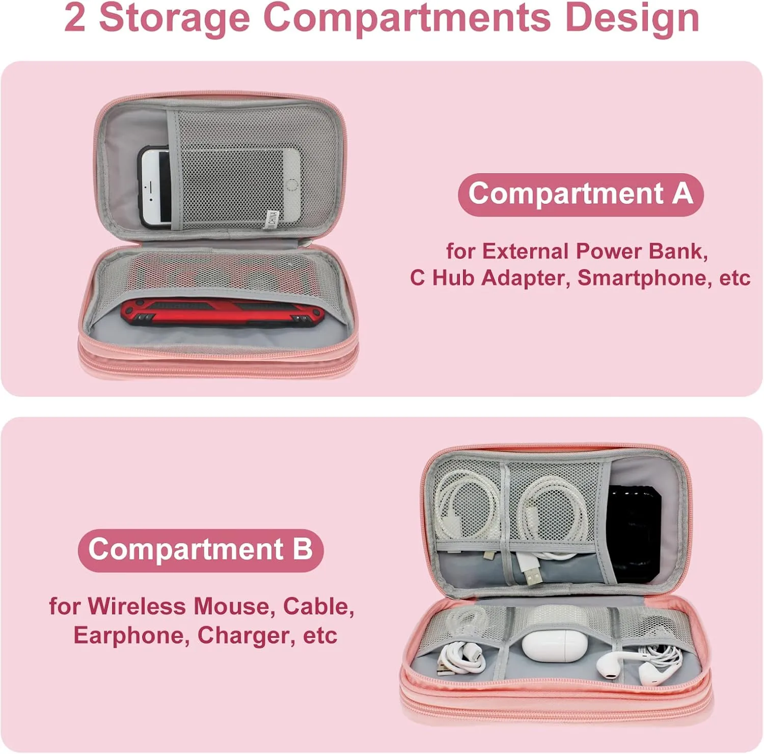 Tech Organizer Travel Case, Carry On Essentials Pouch Bag for Electronics & Accessories (Light Pink, Medium)
