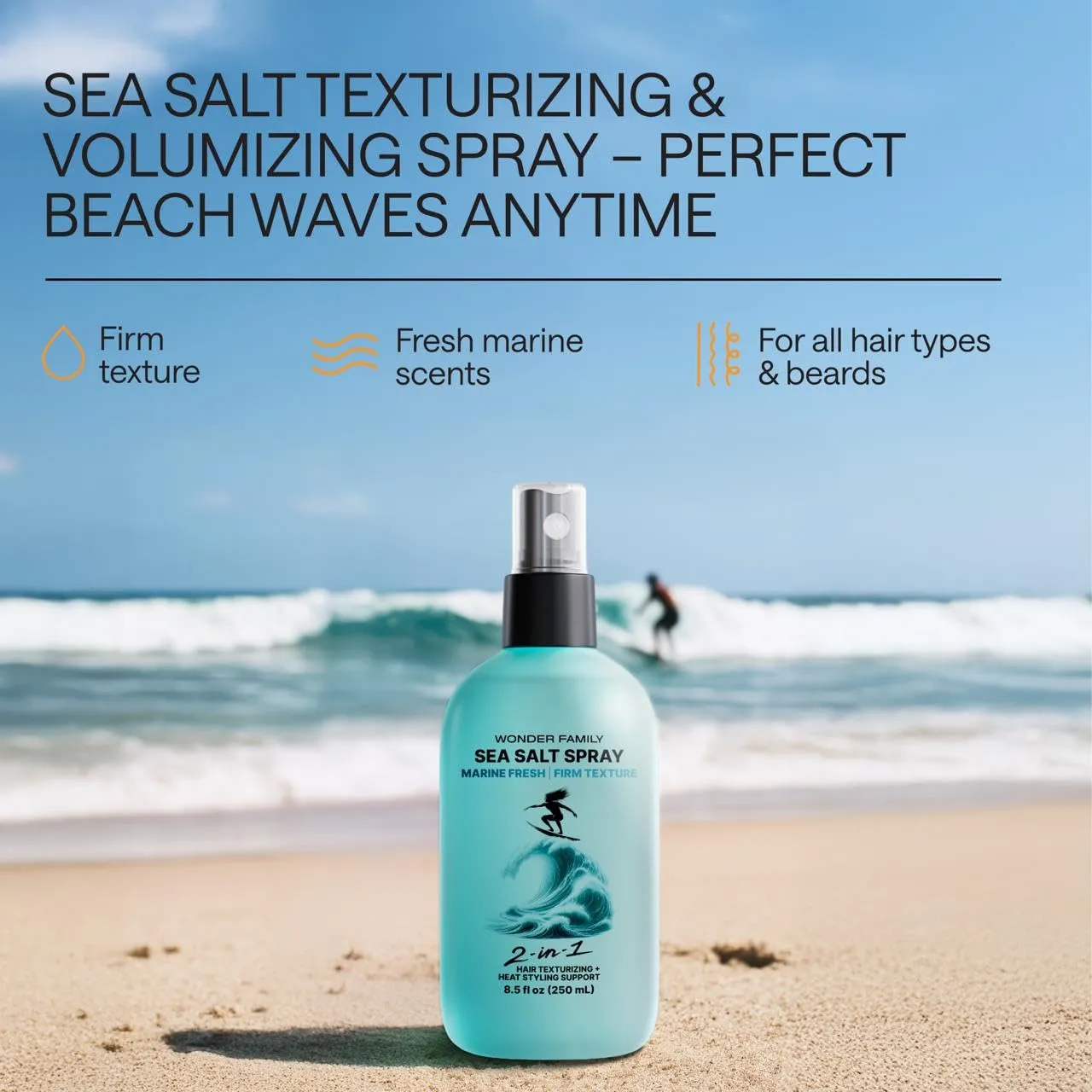 Texturizing Sea Salt Spray – Beach Waves & Curls, Extra Hold, Low-Shine Volumizer for Fine Hair – Unisex Dry Texture Spray – 8.5 Fl Oz