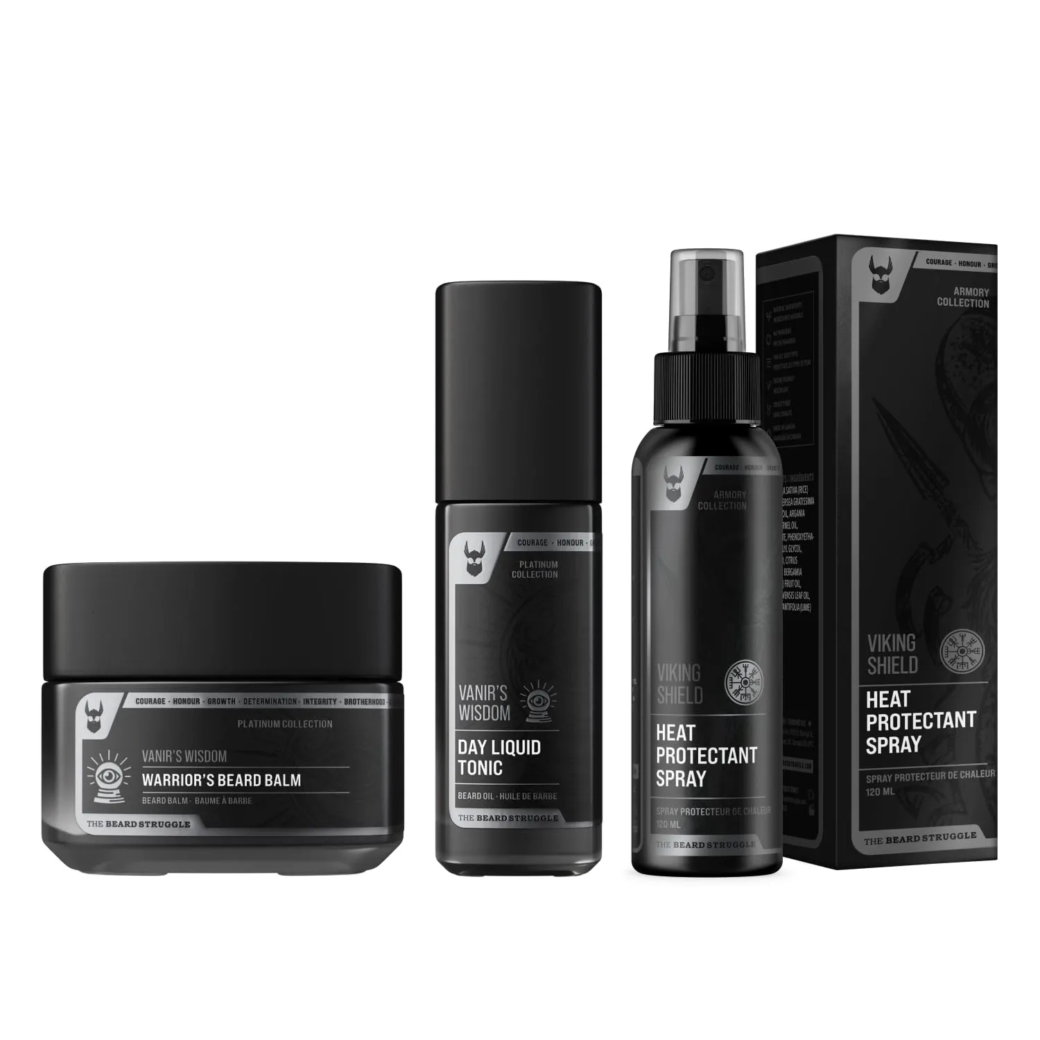 The Beard Struggle Beard & Hair Heat Protectant Spray, Warrior’s Beard Balm & Day Liquid Tonic Beard Oil Bundle Nourishes & Revitalizes Beard Hair - Platinum Collection - Vanir's Wisdom