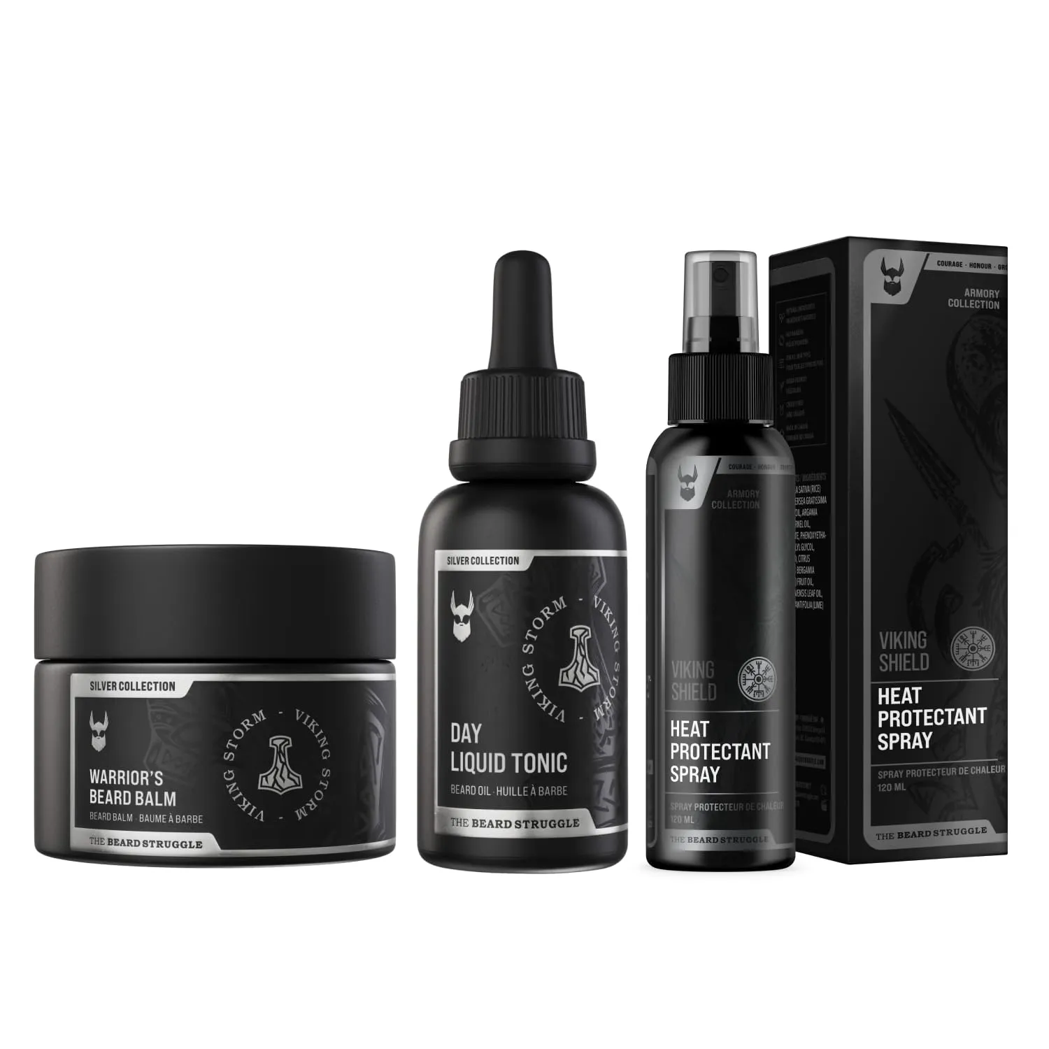 The Beard Struggle Beard & Hair Heat Protectant Spray, Warrior’s Beard Balm & Day Liquid Tonic Beard Oil Bundle Nourishes & Revitalizes Beard Hair - Silver Collection - Viking Storm