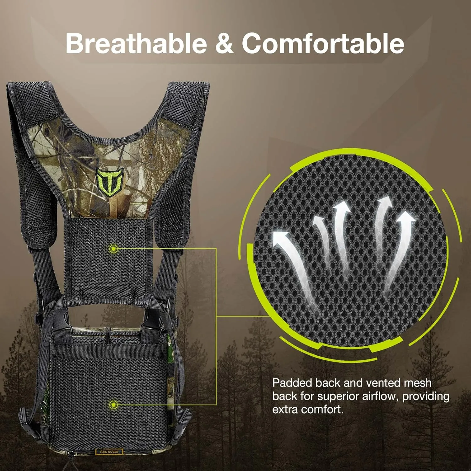 TIDEWE Bino Harness with Rangefinder Pouch & Rain Cover, Long-lasting Lightweight Portable Binocular Pack for Hunting, Hiking