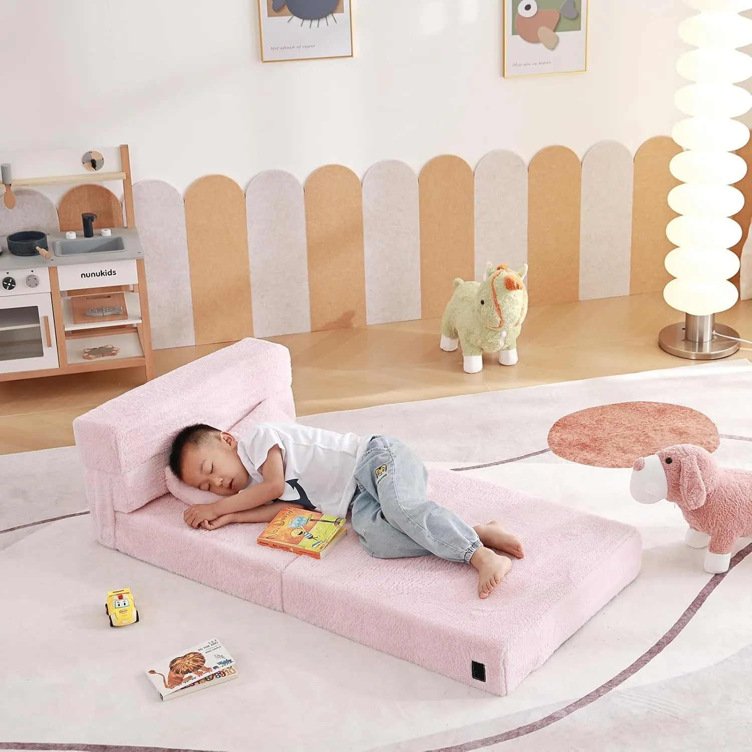 Tiita Folding Sofa Bed Floor Mattress for Kids, Toddler Washable Foldable Floor Nap Mat for Sleeping, Child Fold Up Sofa Futon Folding Chair Bed with Storage Bag for Girls Boys, Ball, Plush Pink