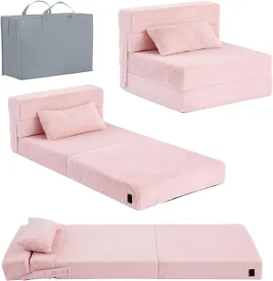 Tiita Folding Sofa Bed Floor Mattress for Kids, Toddler Washable Foldable Floor Nap Mat for Sleeping, Child Fold Up Sofa Futon Folding Chair Bed with Storage Bag for Girls Boys, Ball, Plush Pink