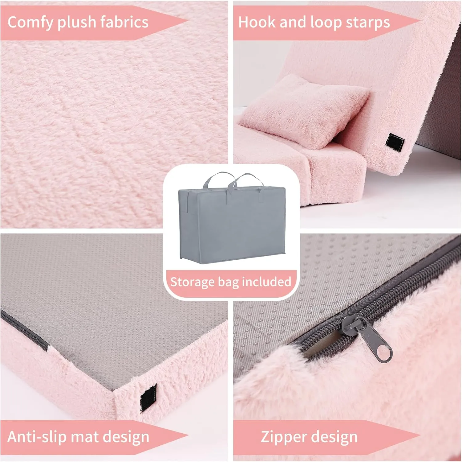 Tiita Folding Sofa Bed Floor Mattress for Kids, Toddler Washable Foldable Floor Nap Mat for Sleeping, Child Fold Up Sofa Futon Folding Chair Bed with Storage Bag for Girls Boys, Ball, Plush Pink