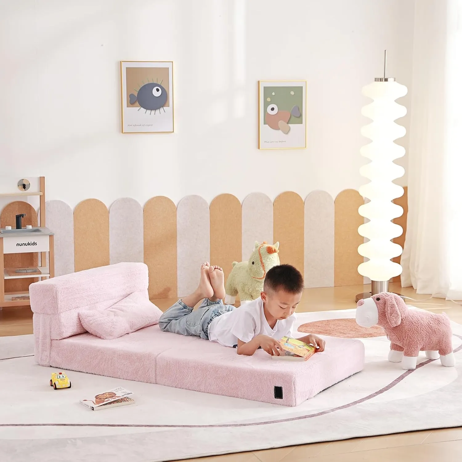 Tiita Folding Sofa Bed Floor Mattress for Kids, Toddler Washable Foldable Floor Nap Mat for Sleeping, Child Fold Up Sofa Futon Folding Chair Bed with Storage Bag for Girls Boys, Ball, Plush Pink