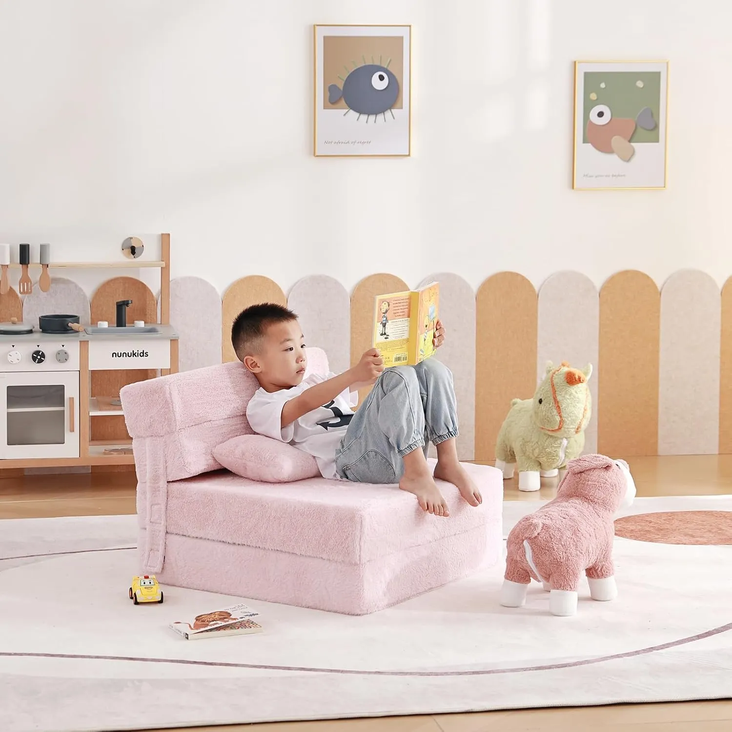Tiita Folding Sofa Bed Floor Mattress for Kids, Toddler Washable Foldable Floor Nap Mat for Sleeping, Child Fold Up Sofa Futon Folding Chair Bed with Storage Bag for Girls Boys, Ball, Plush Pink