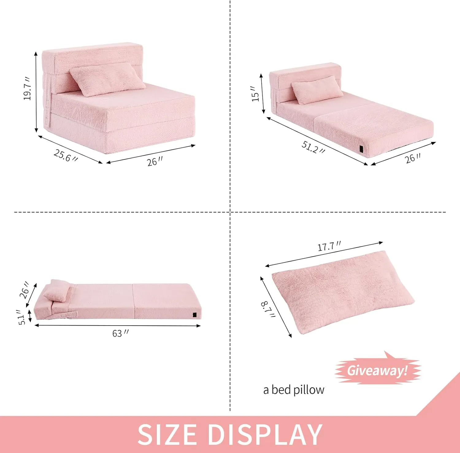 Tiita Folding Sofa Bed Floor Mattress for Kids, Toddler Washable Foldable Floor Nap Mat for Sleeping, Child Fold Up Sofa Futon Folding Chair Bed with Storage Bag for Girls Boys, Ball, Plush Pink