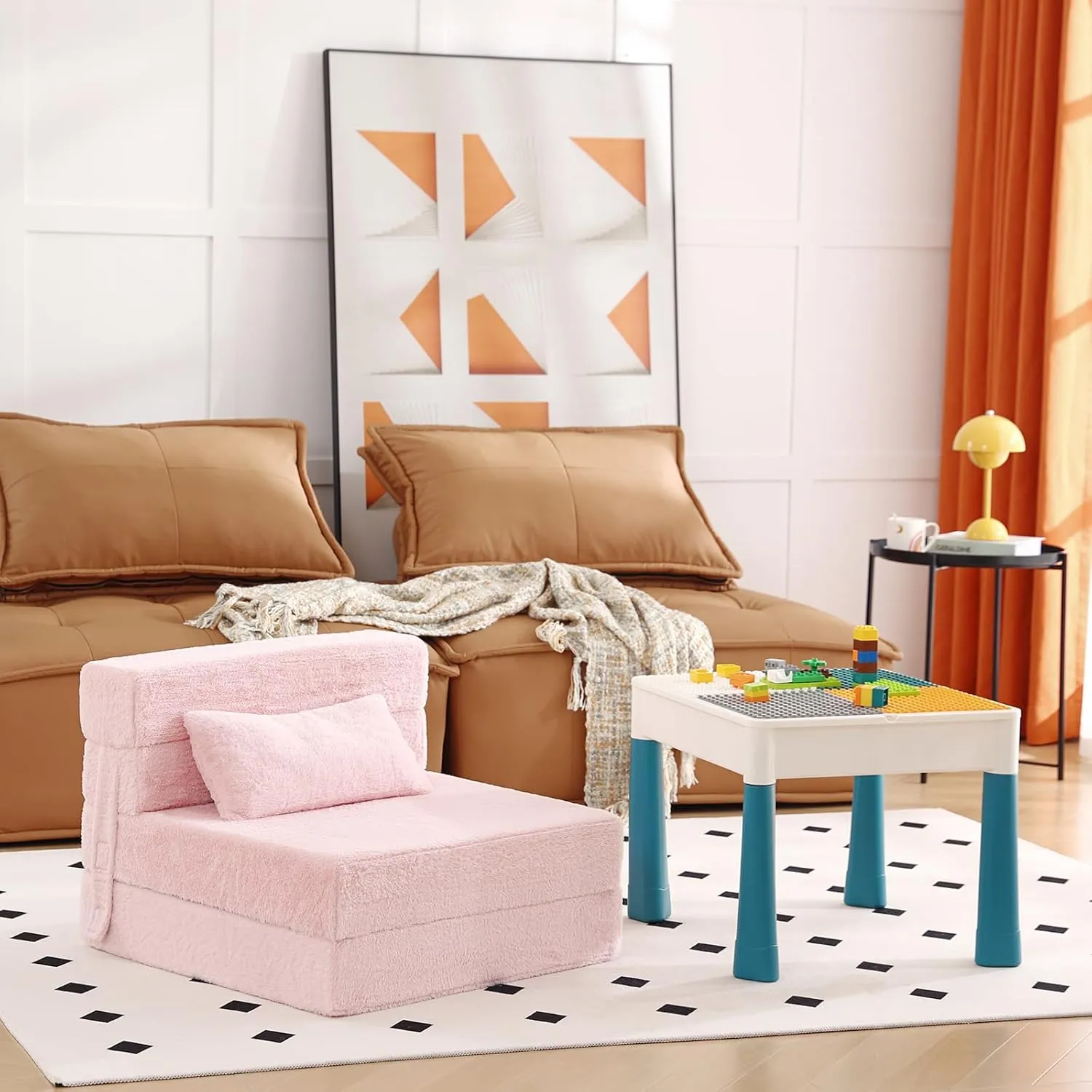 Tiita Folding Sofa Bed Floor Mattress for Kids, Toddler Washable Foldable Floor Nap Mat for Sleeping, Child Fold Up Sofa Futon Folding Chair Bed with Storage Bag for Girls Boys, Ball, Plush Pink