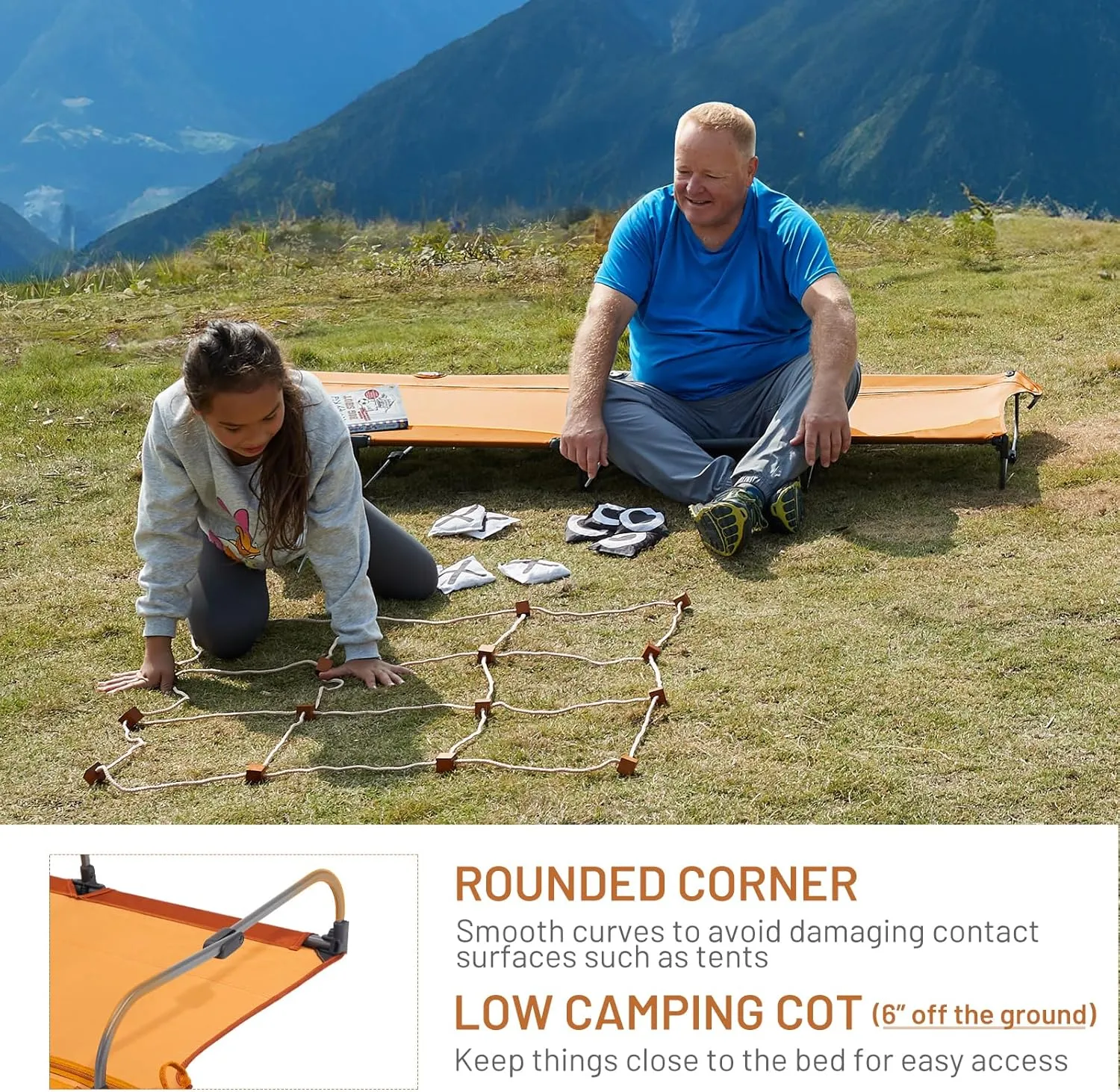 TIMBER RIDGE Lightweight Aluminum Camping Cot, 20-Second Quick Set-Up Folding Cot Low Profile with Zipper Closure, Portable Carry Bag for Camping, Travel and Outdoors, Support up to 225lbs, Orange