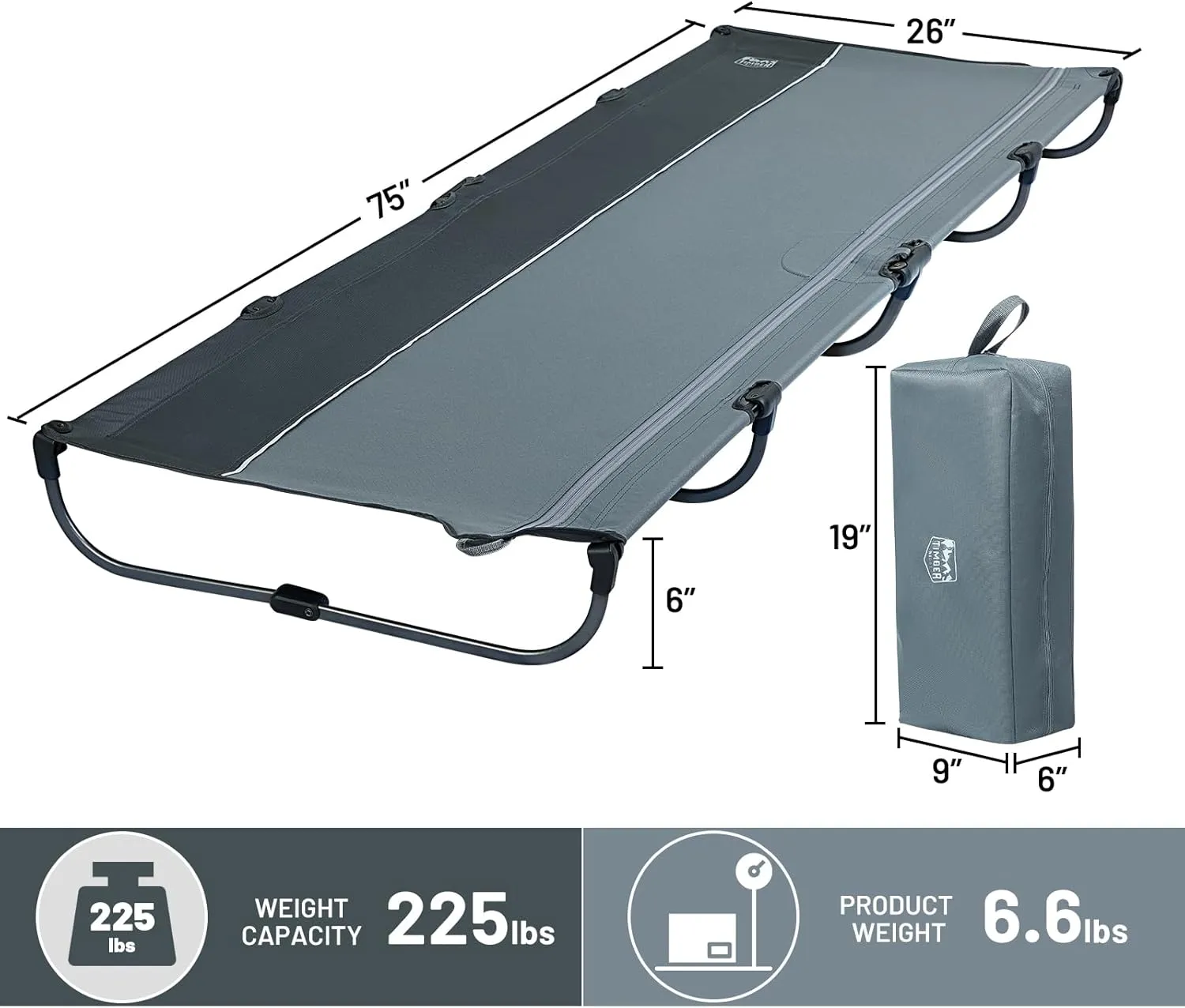 TIMBER RIDGE Lightweight Aluminum Camping Cot, 20-Second Quick Set-Up Folding Cot with Zipper Closure, Portable Carry Bag Included for Camping, Travel and Outdoors, Support up to 225lbs, Grey