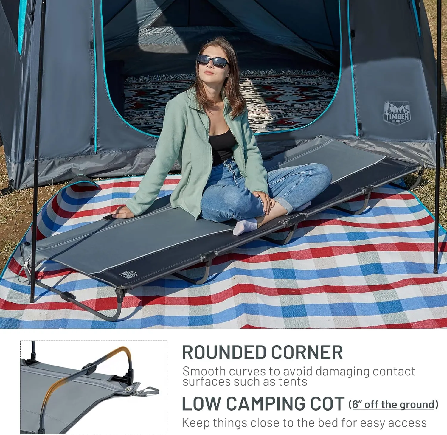 TIMBER RIDGE Lightweight Aluminum Camping Cot, 20-Second Quick Set-Up Folding Cot with Zipper Closure, Portable Carry Bag Included for Camping, Travel and Outdoors, Support up to 225lbs, Grey