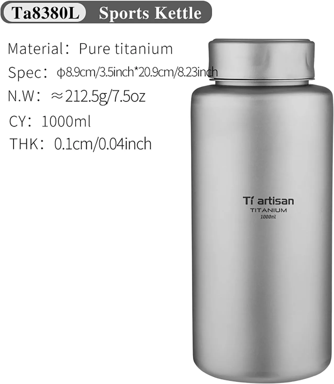 Titanium Water Bottle Sport Bottle 1000ml 34oz/700ml Ultralight Leakproof for Outdoor Camping Hiking (1000ml(33.82fl oz))