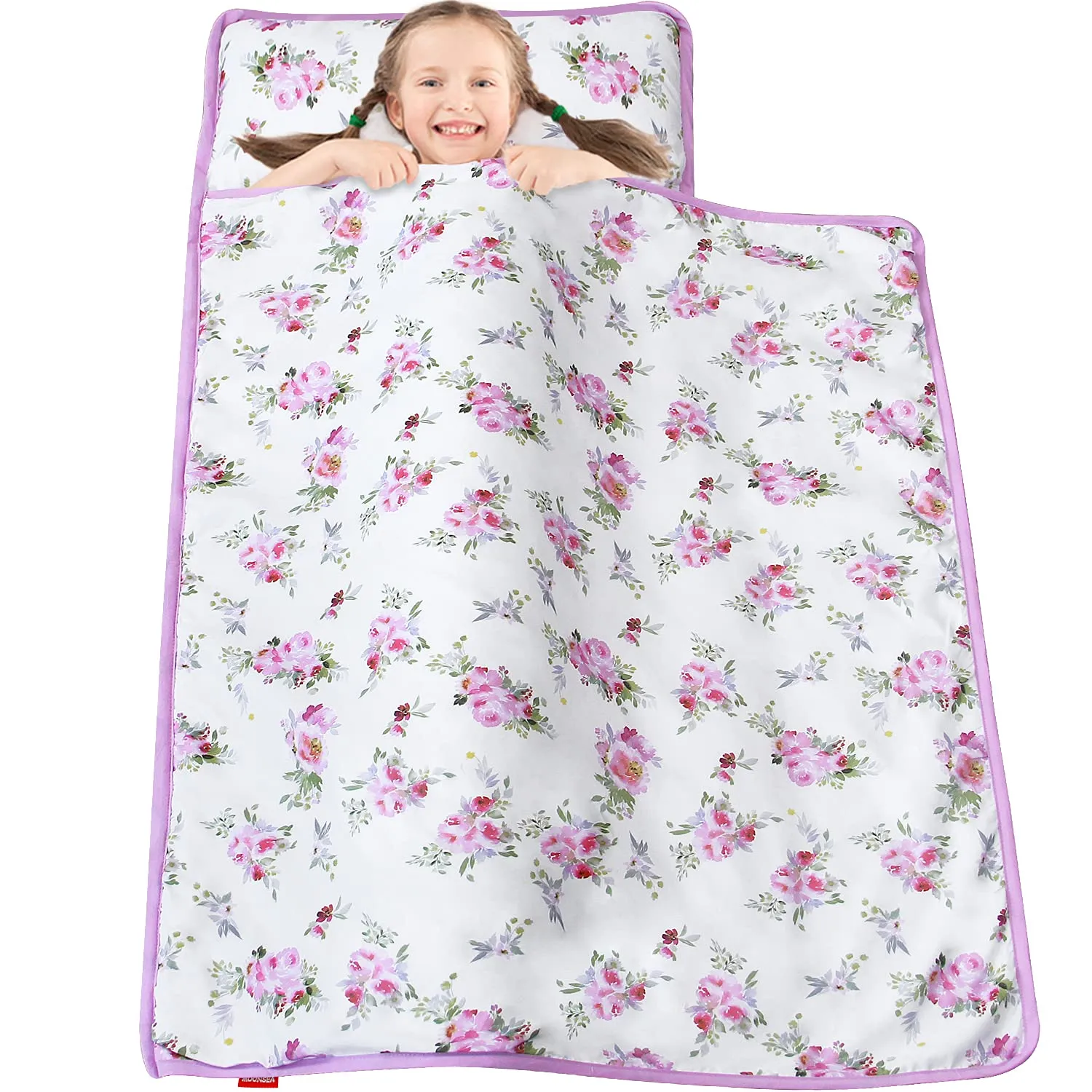 Toddler Nap Mat for Girls Floral, Kids Sleeping Mat with Pillow and Fleece Blanket, Lightweight Perfect for Kids Preschool, Daycare, Travel Sleeping Bag, Fit Standard Cot