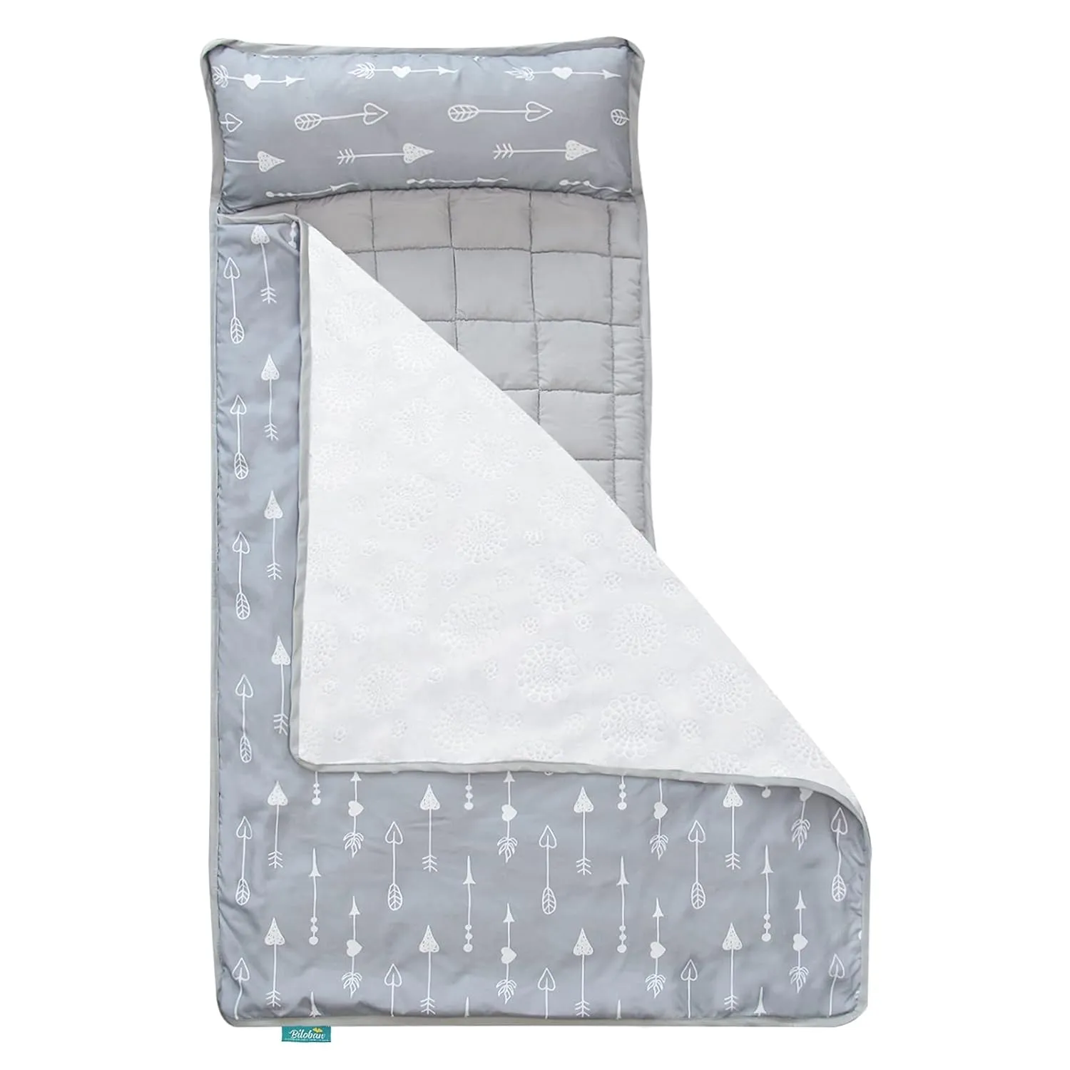 Toddler Nap Mat with Pillow and Blanket, Cot Nap Mats for Daycare Preschool Kindergarten, Lightweight Portable Travel Sleeping Bag for Kids, Super Soft & Cozy, Grey Arrow, 50" x 21"