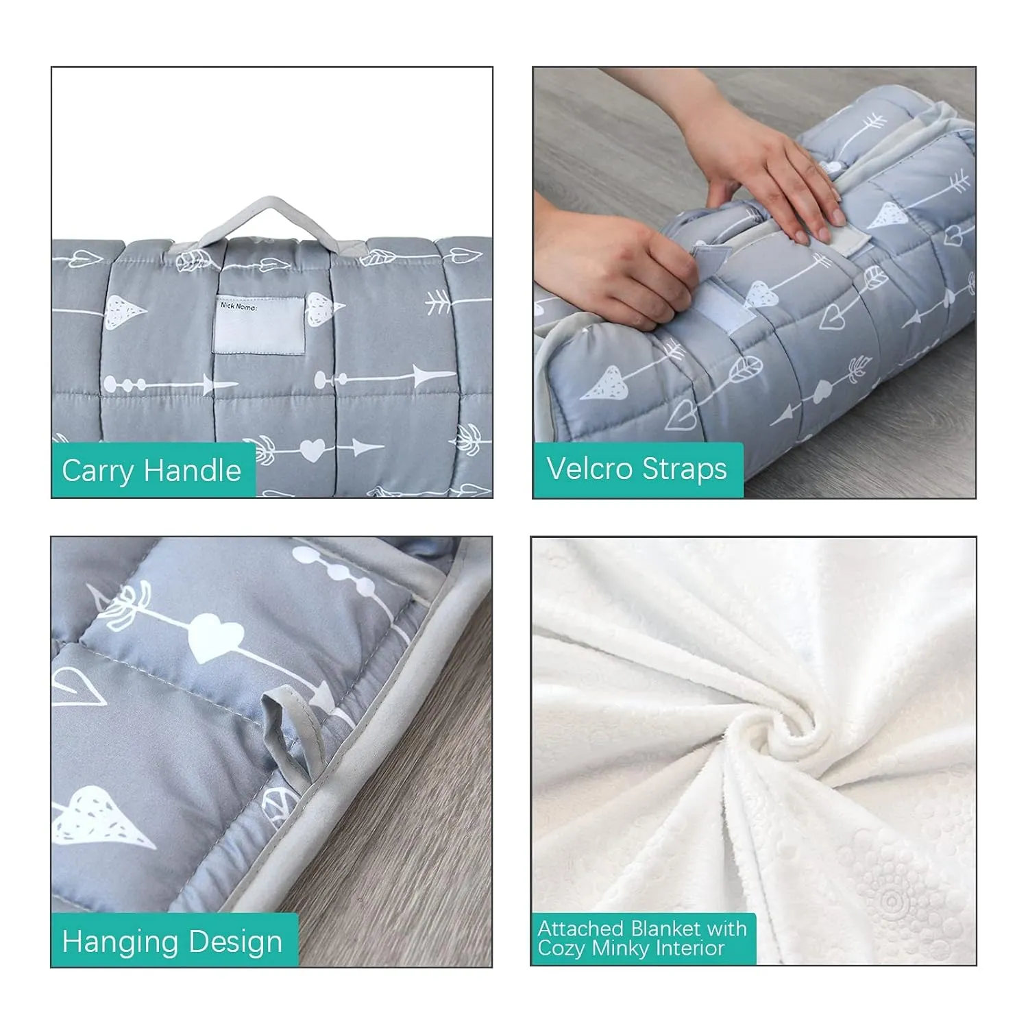 Toddler Nap Mat with Pillow and Blanket, Cot Nap Mats for Daycare Preschool Kindergarten, Lightweight Portable Travel Sleeping Bag for Kids, Super Soft & Cozy, Grey Arrow, 50" x 21"