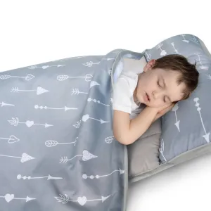 Toddler Nap Mat with Pillow and Blanket, Cot Nap Mats for Daycare Preschool Kindergarten, Lightweight Portable Travel Sleeping Bag for Kids, Super Soft & Cozy, Grey Arrow, 50" x 21"