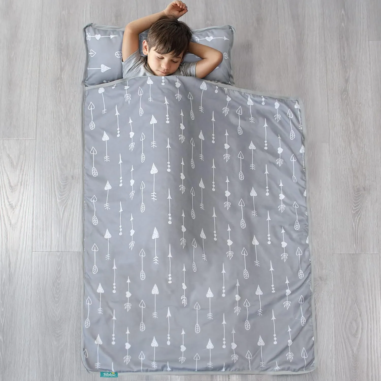 Toddler Nap Mat with Pillow and Blanket, Cot Nap Mats for Daycare Preschool Kindergarten, Lightweight Portable Travel Sleeping Bag for Kids, Super Soft & Cozy, Grey Arrow, 50" x 21"