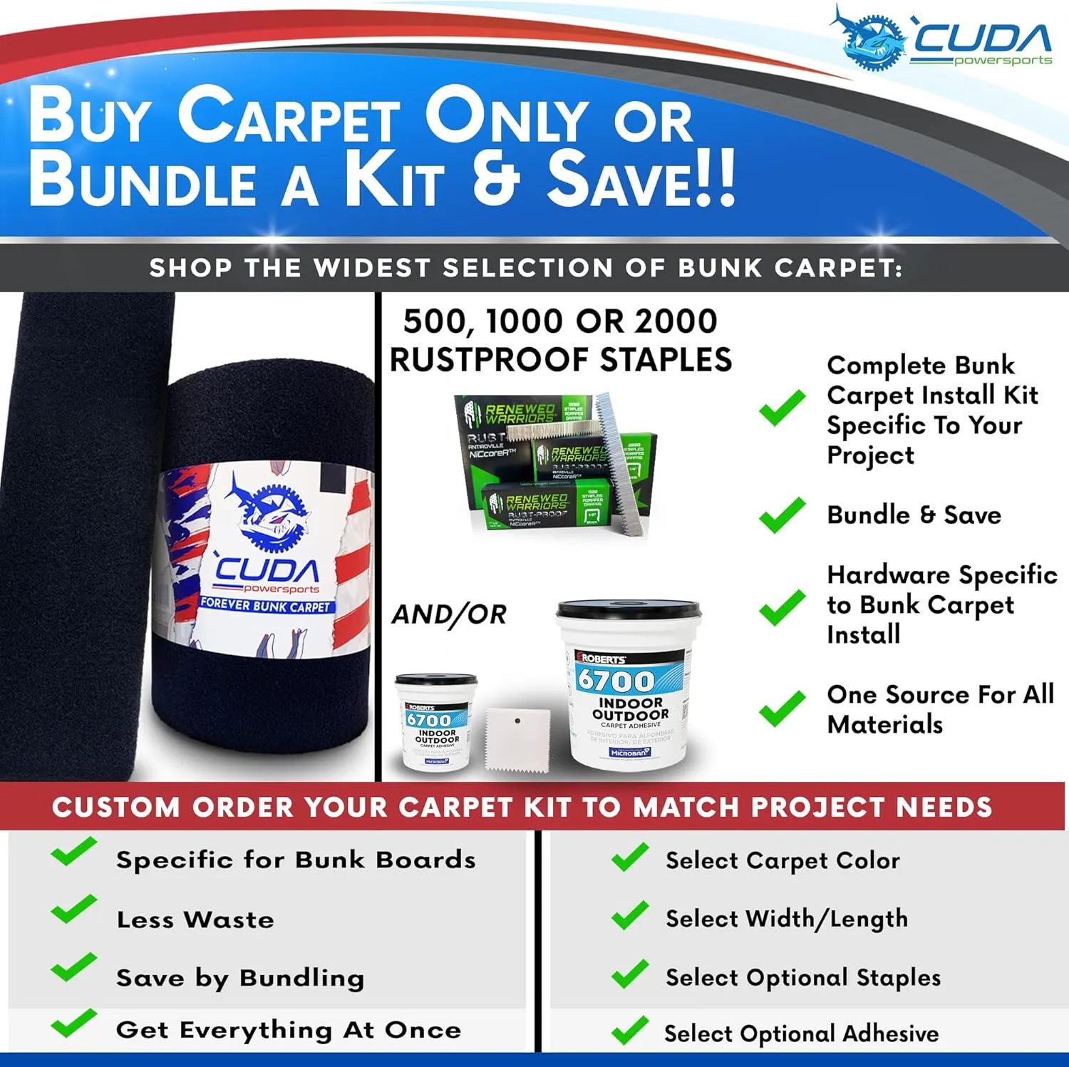 Trailer Hardware Kit-Cuda Boat Trailer Bunk Carpet 18 Inch Wide-FOREVER44-Red 18" x 50Ft-1000 Staples / 2 Quarts/Trowel-Boat Runner Carpet Waterproof Forever Kit44