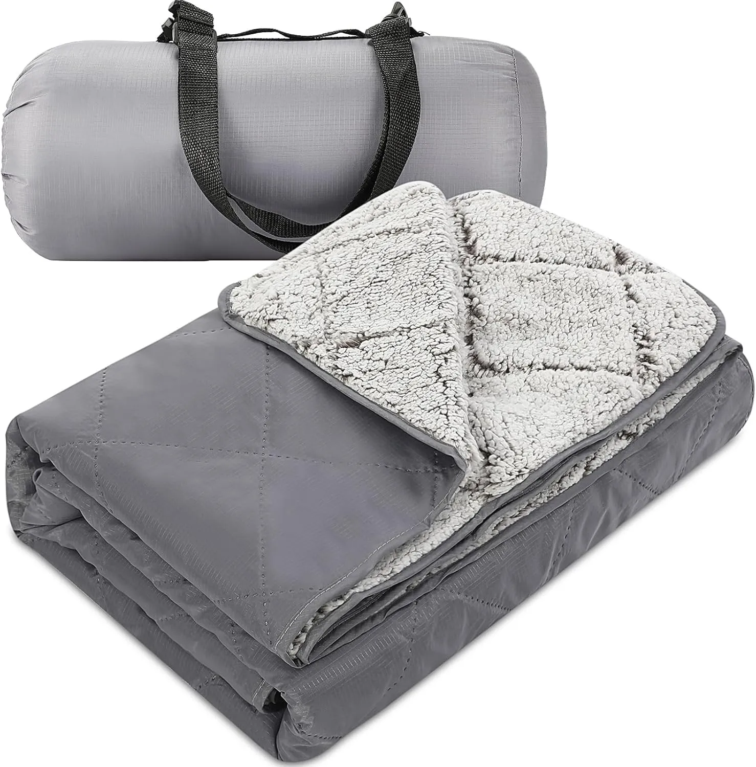 Tranqun Large Outdoor Blanket 78'' x 55'' Quilted Windproof Waterproof Gray Fleece Sandproof Stadium Foldable Warm Blanket for Camping Picnic Sporting Events Cold Weather