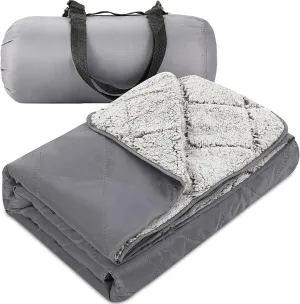Tranqun Large Outdoor Blanket 78'' x 55'' Quilted Windproof Waterproof Gray Fleece Sandproof Stadium Foldable Warm Blanket for Camping Picnic Sporting Events Cold Weather