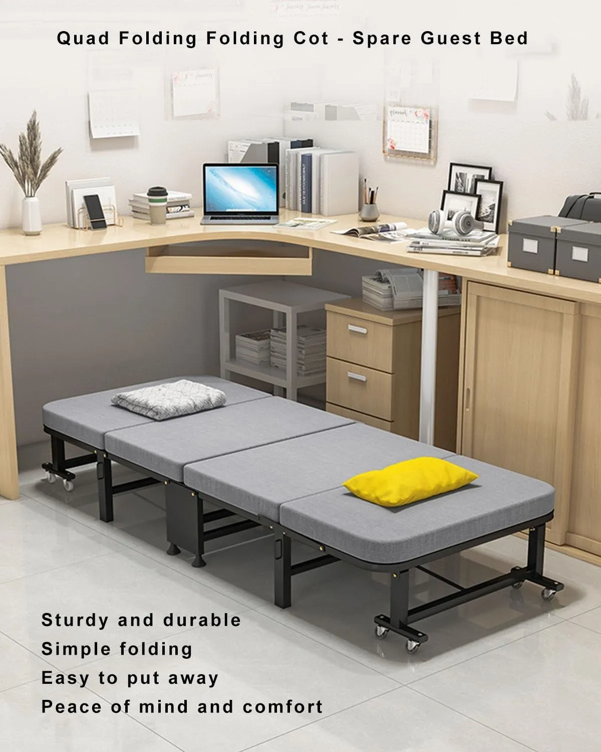Travel Camp Cots with Mattress, Portable Sleeping Cots with 8 Universal Pulleys, Space Saving, no Installation Required, Extra Guest Bed for Home Office Nap Vocation Outdoor