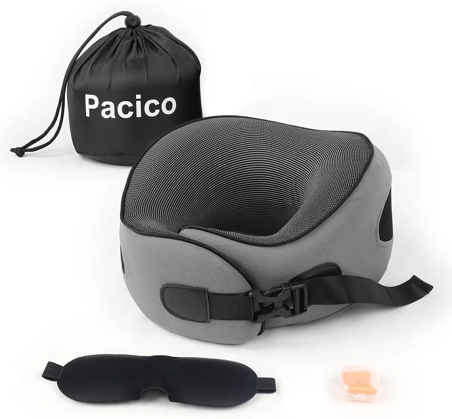 Travel Pillow 100% Pure Memory Foam Neck Pillow, Sleeping Pillow for Car, Train and Airplane, Travel Kit with 3D Contoured Eye Masks and Earplugs, Dark Gray