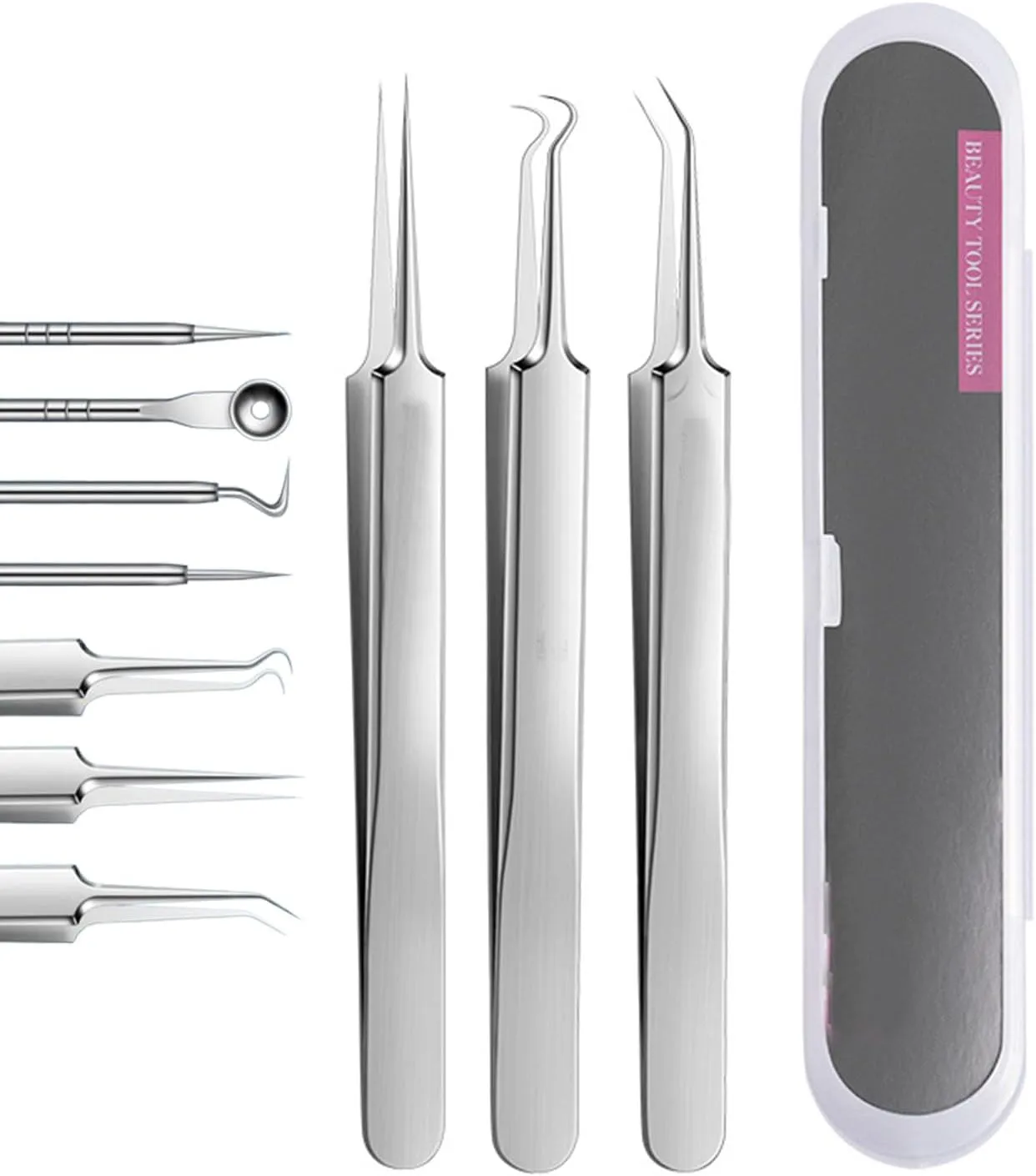 Tweezers, Precision Tweezers, Stainless Steel Blackhead Removal Kit, Professional Remover, Precision Tool Kit, Long Handle Steel Straight and Curved Tweezers Nippers (3pcs)