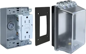 Universal Weatherproof Electrical Outlet Cover Kit with Lock,Outlet Waterproof Cover Box with 15 Amp TR Self Test GFCI Kit, Baby Proof Outlet Lock Box for Outdoor in-Use, 1-Gang
