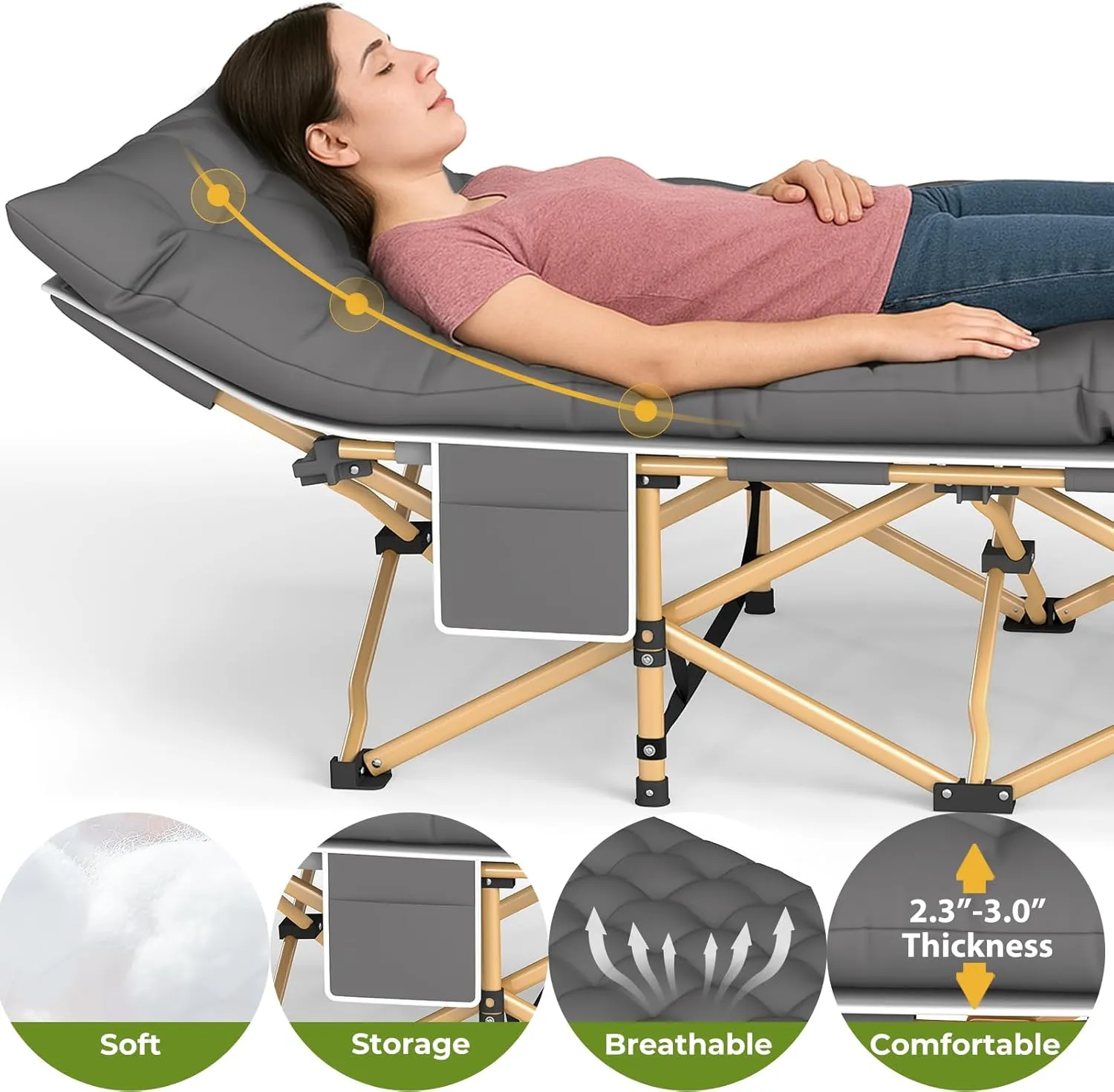 Upgraded 1 Pack Camping Cot with Mattress for Adults Heavy Duty Folding Camping Bed with Carry Bag Portable Sleeping Cots for Outdoor Camping/Office, Home Nap Camping Essentials (Charcoal Gray)