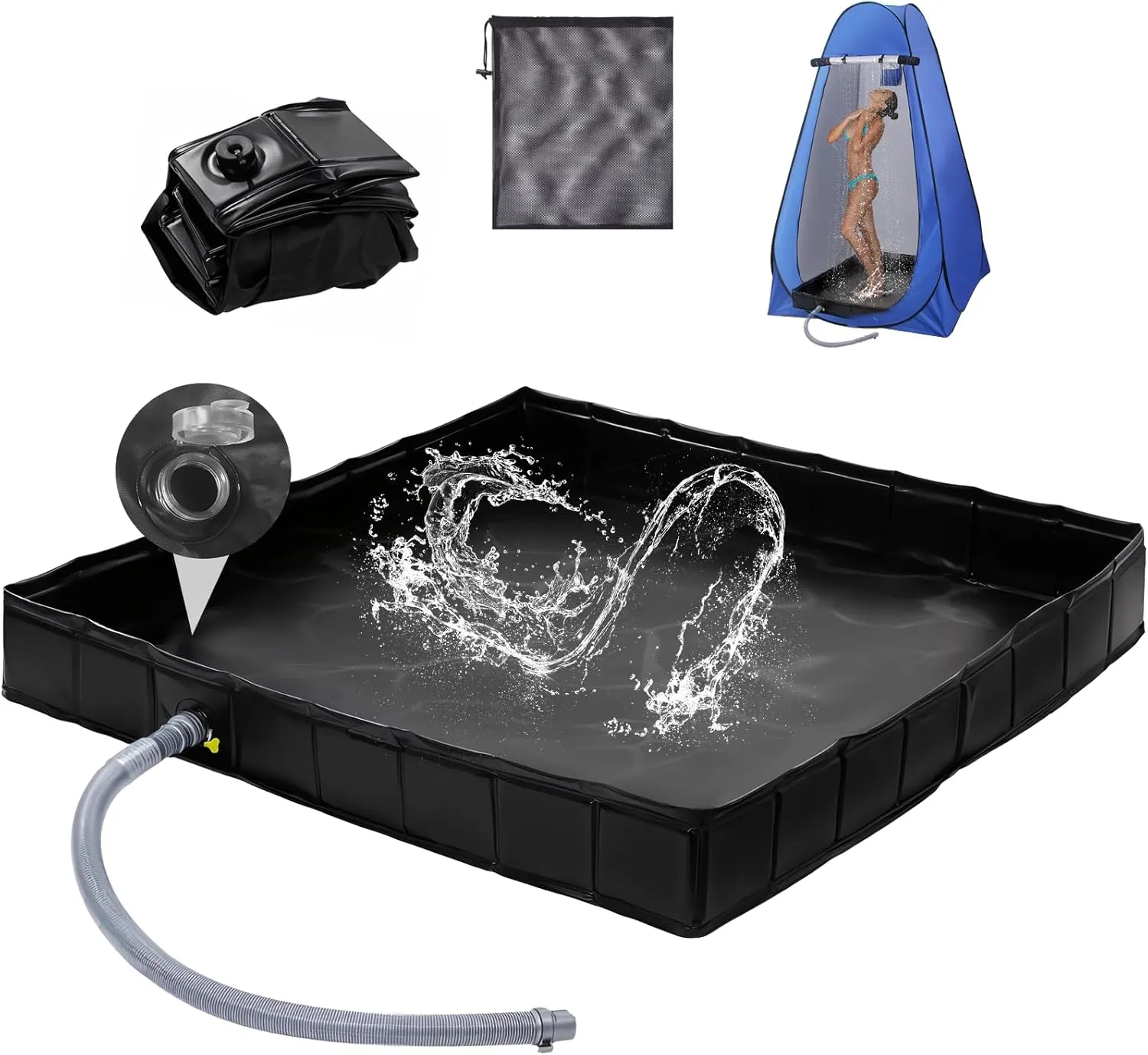 Upgraded Portable Shower Pan 41" x 41" x 5" with Mesh Storage Bag, Foldable Camping Shower Base & Floor with Detachable Drain Pipe Ideal for Camping, RV, Outdoor, Indoor and Portable Shower Stall