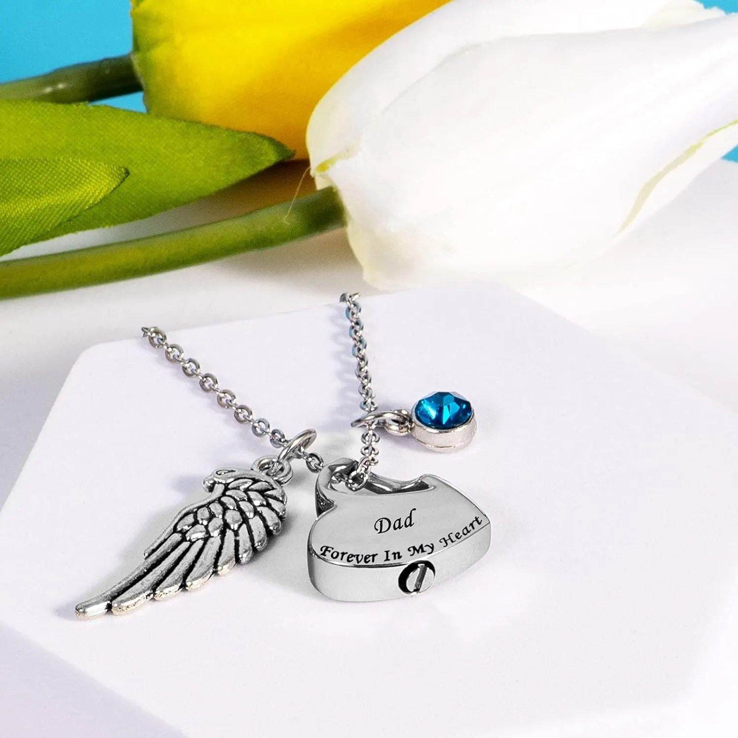 Urn Necklace for Ashes Cremation Jewelry Keepsake Memorial Pendant with Angel Wing and 12 Birthstones Forever in My Heart
