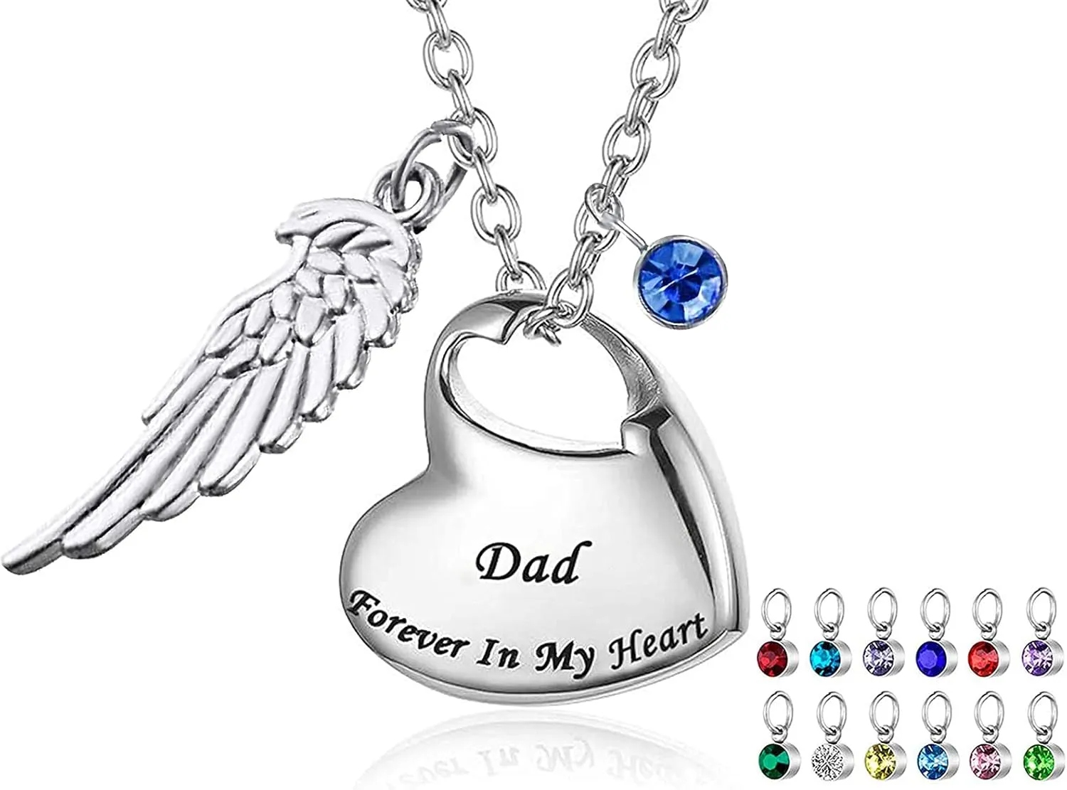 Urn Necklace for Ashes Cremation Jewelry Keepsake Memorial Pendant with Angel Wing and 12 Birthstones Forever in My Heart