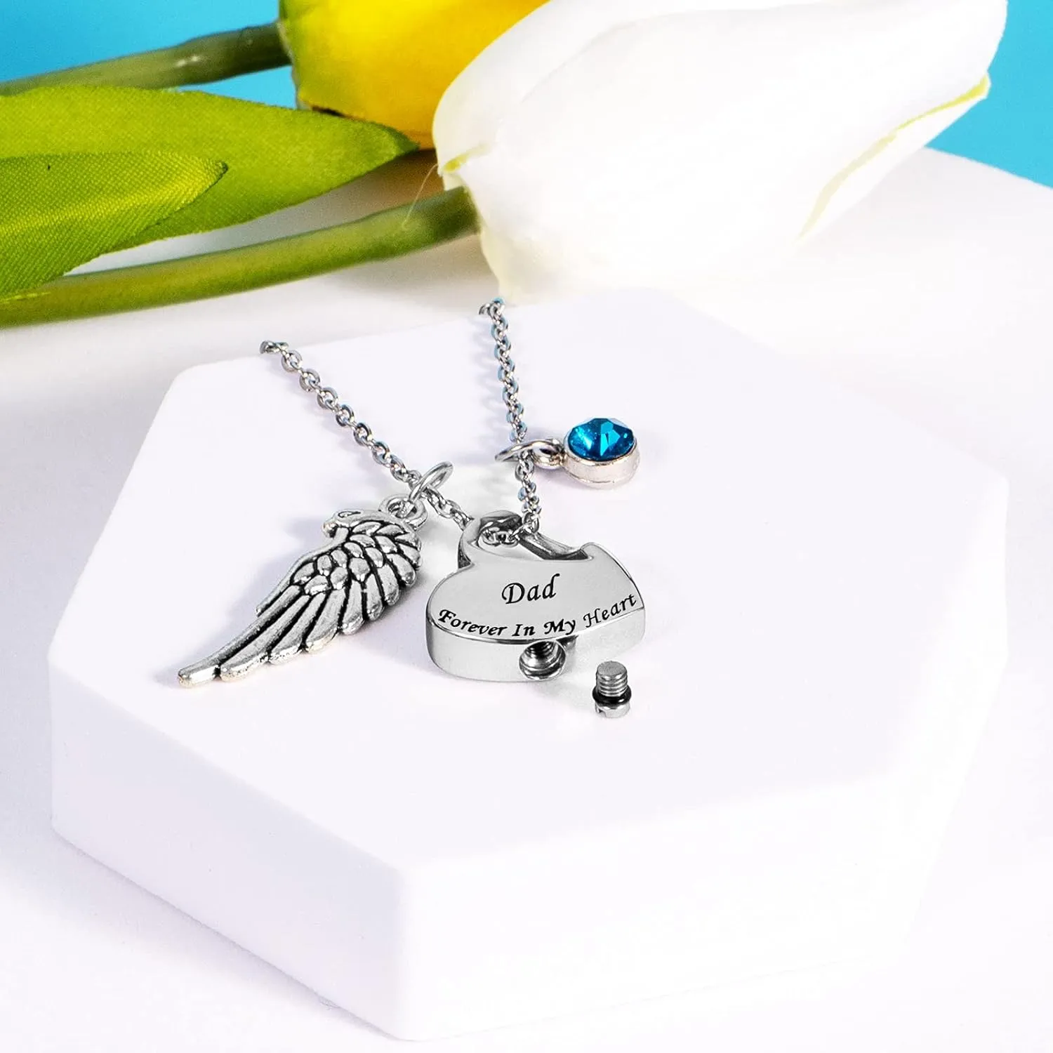 Urn Necklace for Ashes Cremation Jewelry Keepsake Memorial Pendant with Angel Wing and 12 Birthstones Forever in My Heart