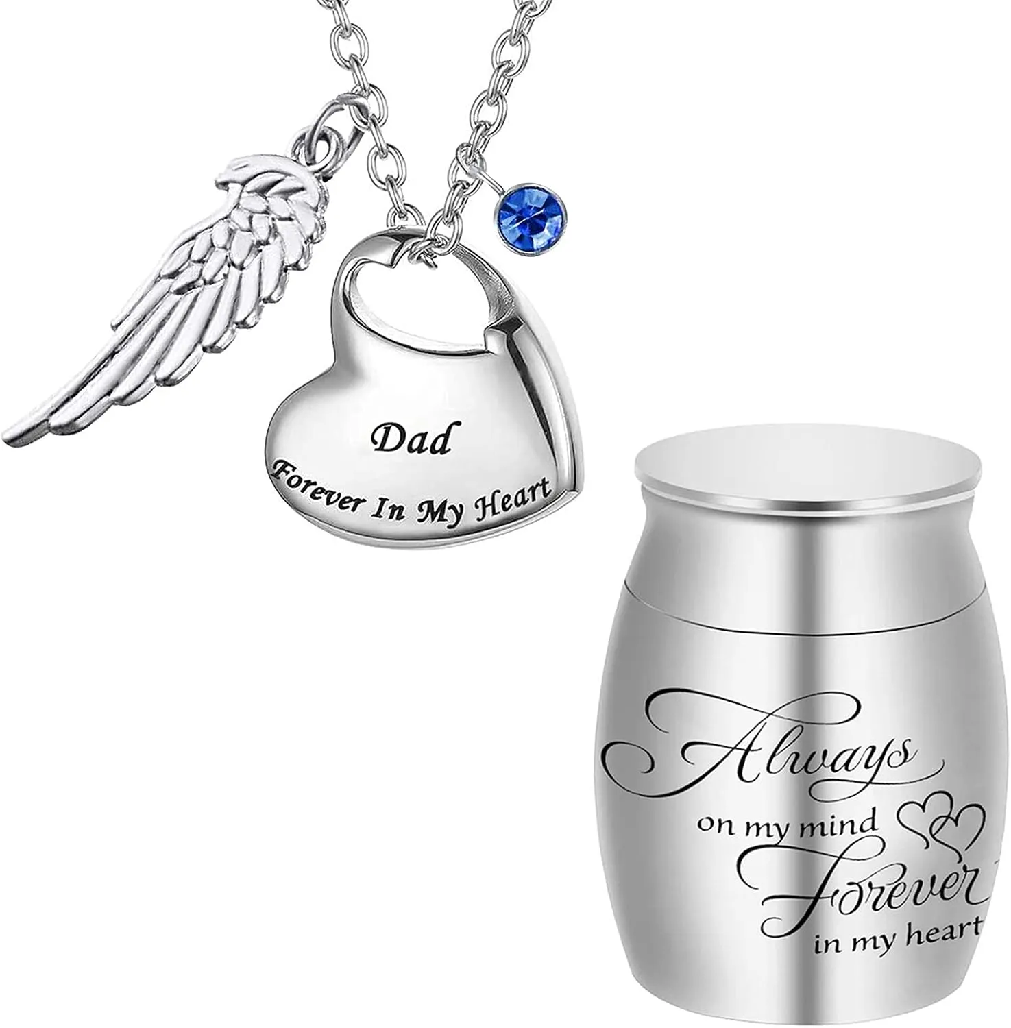 Urn Necklace for Ashes Cremation Jewelry Keepsake Memorial Pendant with Angel Wing and 12 Birthstones Forever in My Heart