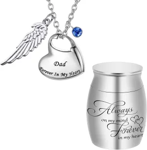 Urn Necklace for Ashes Cremation Jewelry Keepsake Memorial Pendant with Angel Wing and 12 Birthstones Forever in My Heart