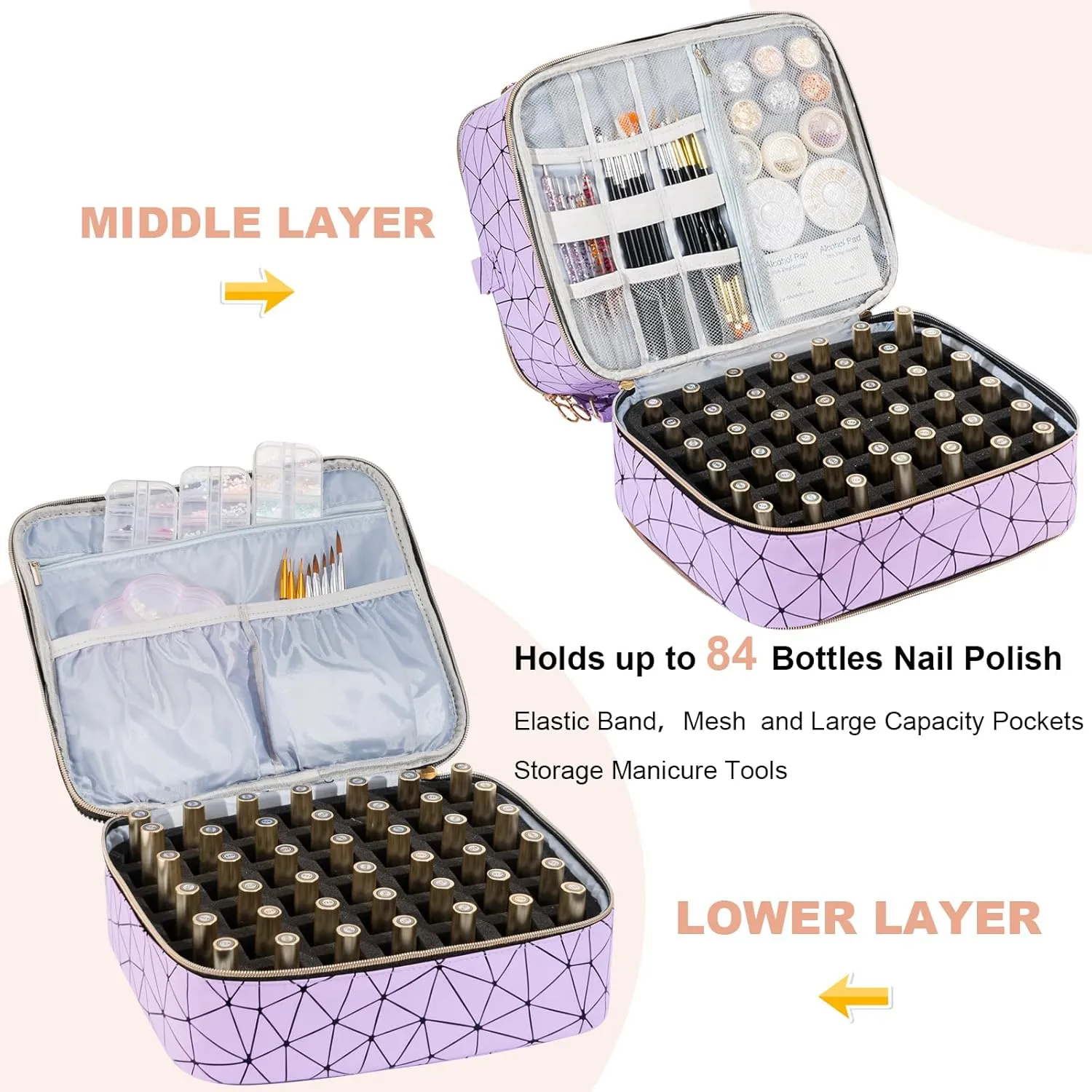 Uross Nail Polish Organizer Bag Holds 84 Bottles Nail Polish & Nail Lamp,Large Gel Nail Polish Organizers and Storage box for Nail Tech, Nail Kit Supplies Organizer Case-Purple