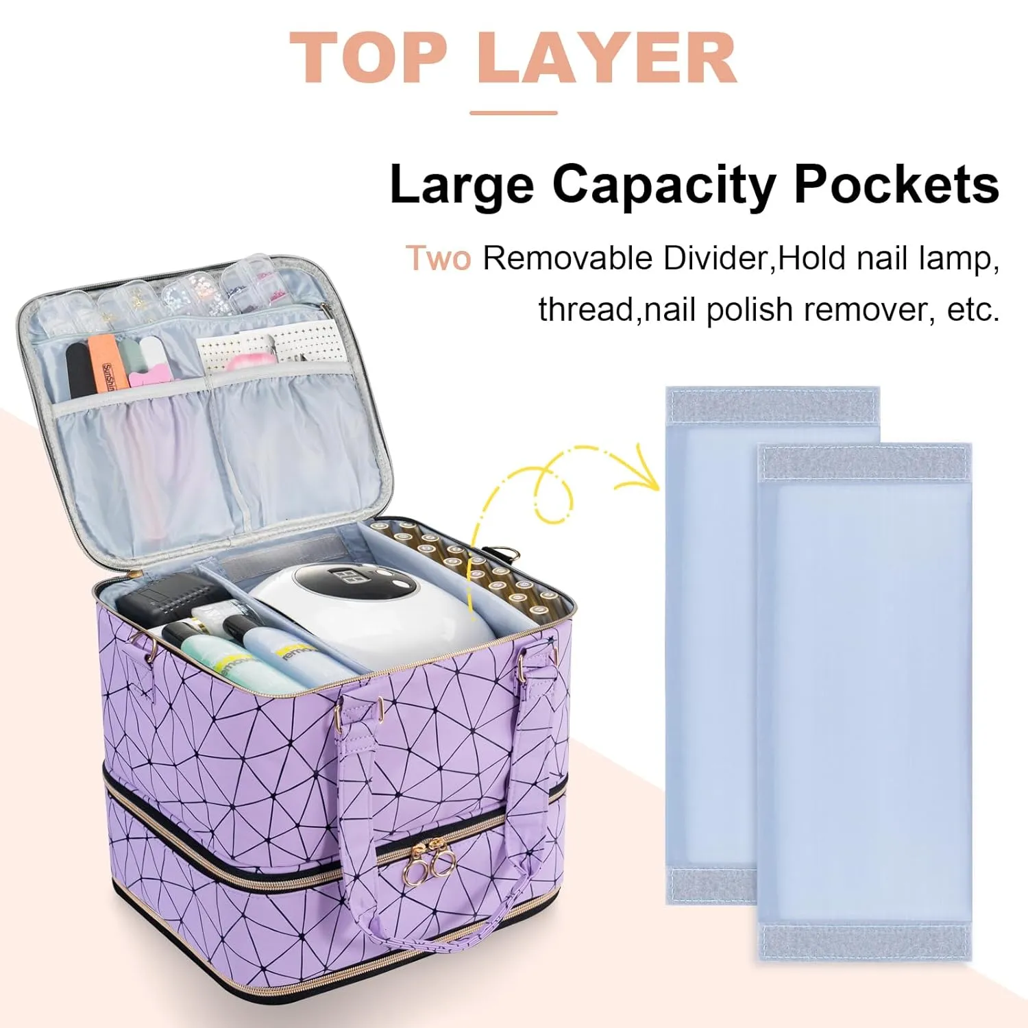 Uross Nail Polish Organizer Bag Holds 84 Bottles Nail Polish & Nail Lamp,Large Gel Nail Polish Organizers and Storage box for Nail Tech, Nail Kit Supplies Organizer Case-Purple