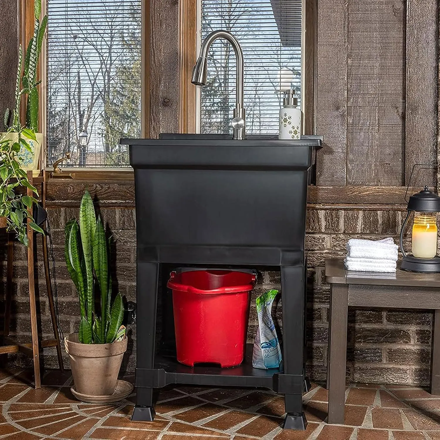 USA-Made Plastic Freestanding 24 in x 24-Inch UtilityTub Heavy Duty Compact Utility Sink Ideal for Workshop, Laundry Room, Garage, Greenhouse, Pet Wash Station (Black)