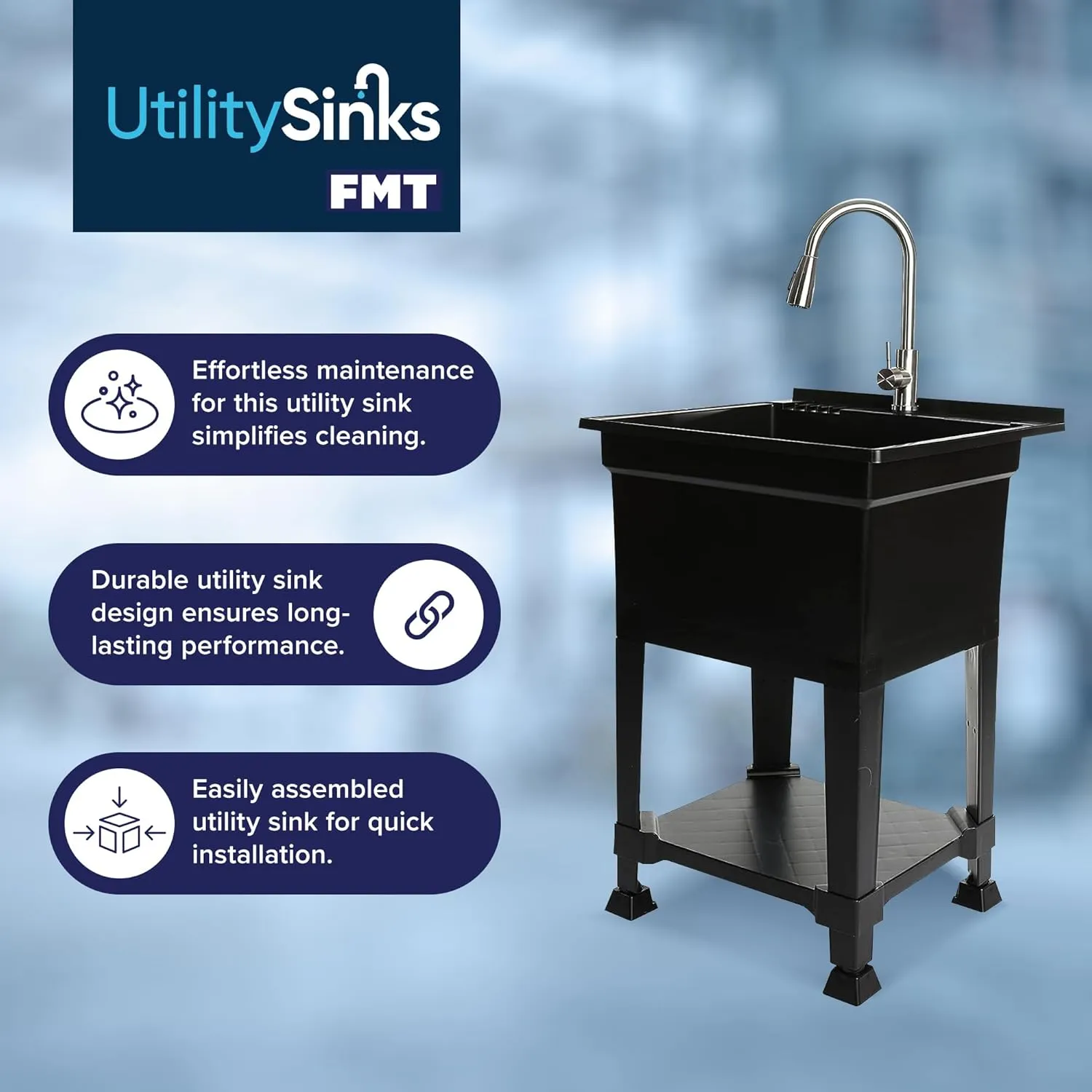 USA-Made Plastic Freestanding 24 in x 24-Inch UtilityTub Heavy Duty Compact Utility Sink Ideal for Workshop, Laundry Room, Garage, Greenhouse, Pet Wash Station (Black)