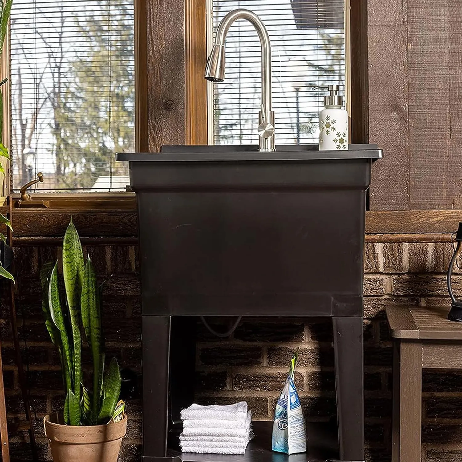 USA-Made Plastic Freestanding 24 in x 24-Inch UtilityTub Heavy Duty Compact Utility Sink Ideal for Workshop, Laundry Room, Garage, Greenhouse, Pet Wash Station (Black)