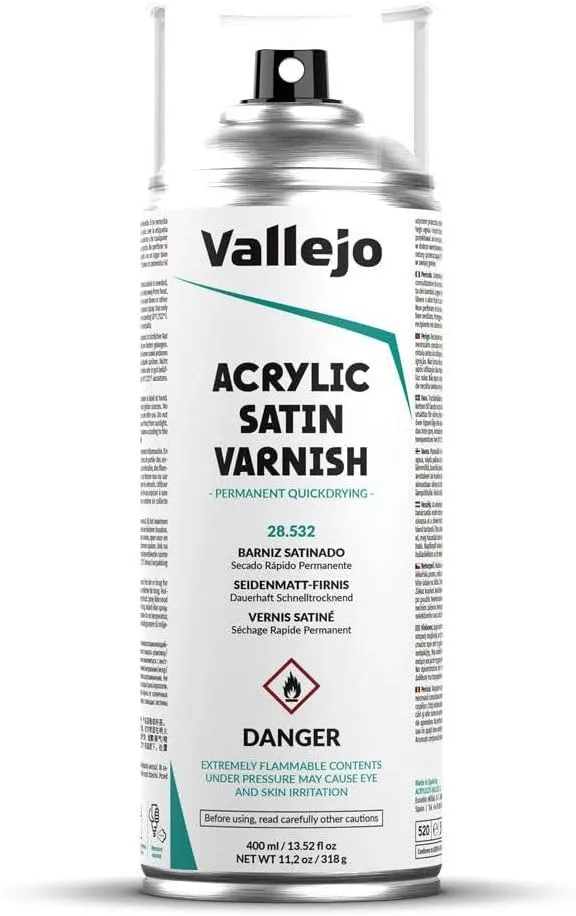Vallejo - Acrylic Satin Varnish Spray | Long Lasting Protection | Scratch Resistant & Non-Yellowing | Exterior & Interior Surfaces | 400 ml (13.52 fl.oz.)